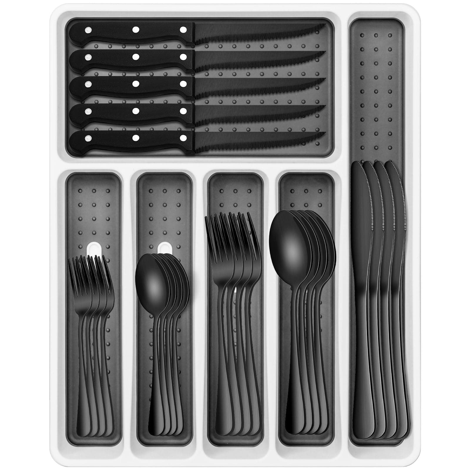 Black Silverware Set, Umite Chef 49-Piece Flatware Set with Drawer Organizer, Durable Stainless Steel Cutlery Set for 8, Tableware Eating Utensils with Steak Knives for Home Restaurant