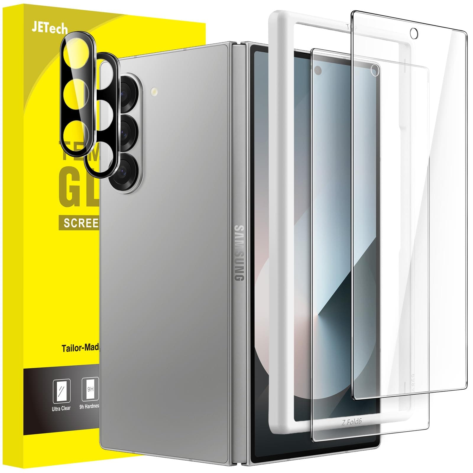 Front Screen Protector for Samsung Galaxy Z Fold 6 with Camera Lens Protector, Easy Installation Tool, 9H Tempered Glass Film, Anti-Scratch, HD Clear, 2-Pack Each