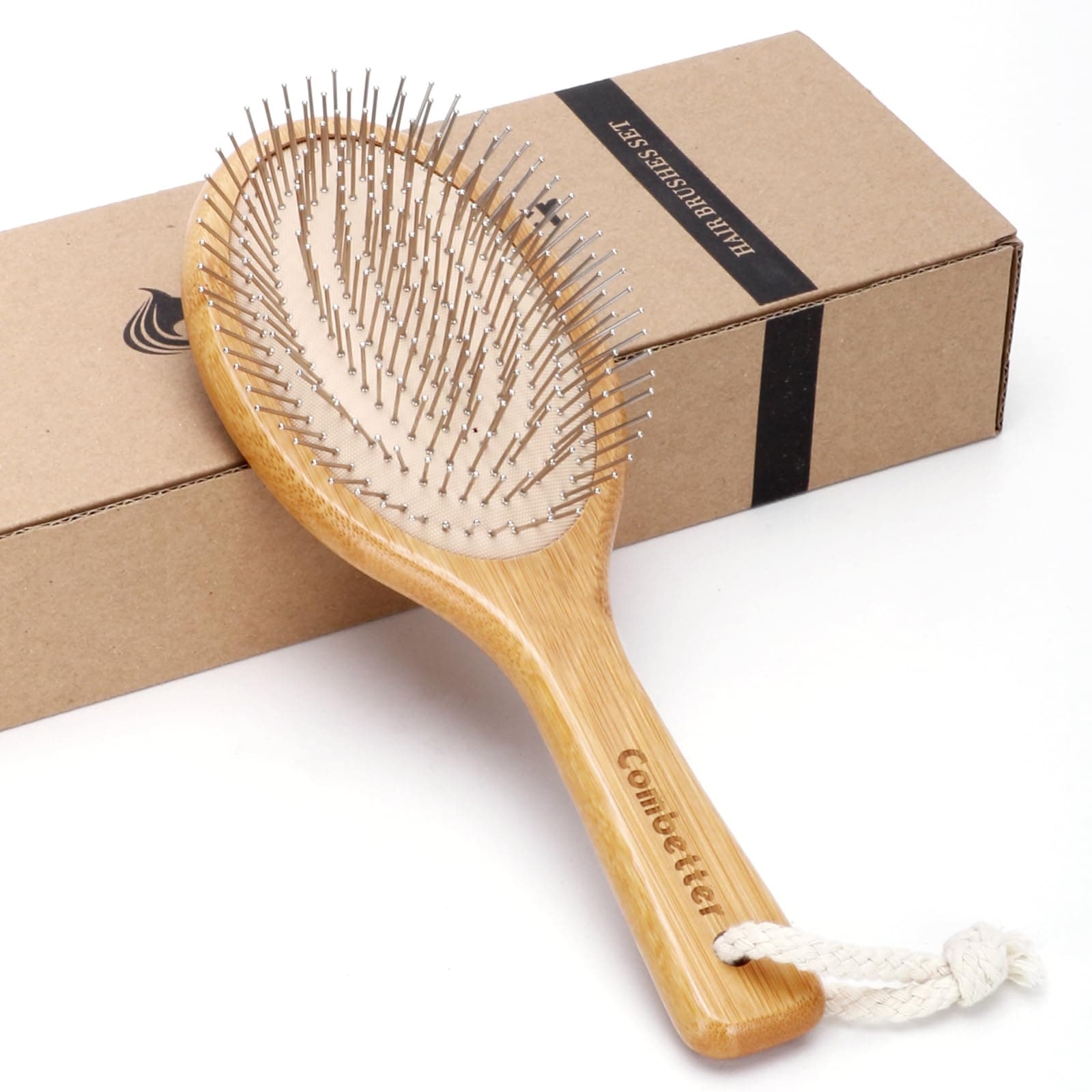 Bamboo Hair Brush, Smoothing Hair & Massage Scalp, Detangling Anti-Static Hairbrush, Natural Wood Brush with Metal Bristles for Women, Men & Children