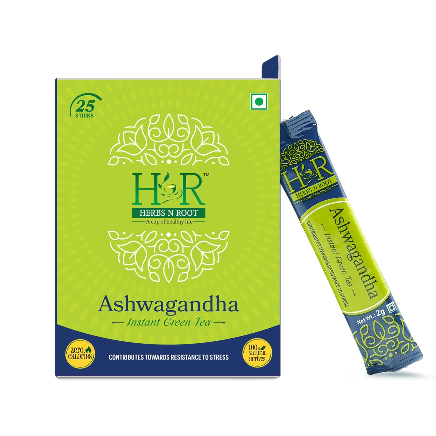 Herbs N Root Instant Herbal Tea| Green Tea| Ashwagandha Instant Tea| Control Anxiety & Stree Tea| Ashwagandha Chai | Natural Ingredient Tea- 25 Stick (2gm Each)