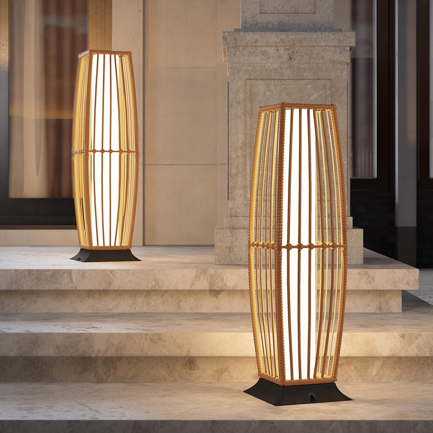 2-Piece Outdoor Floor Lamp Solar Powered Lantern Waterproof Wicker Boho Deck Lights for Garden Porch Decor, Large Taurus
