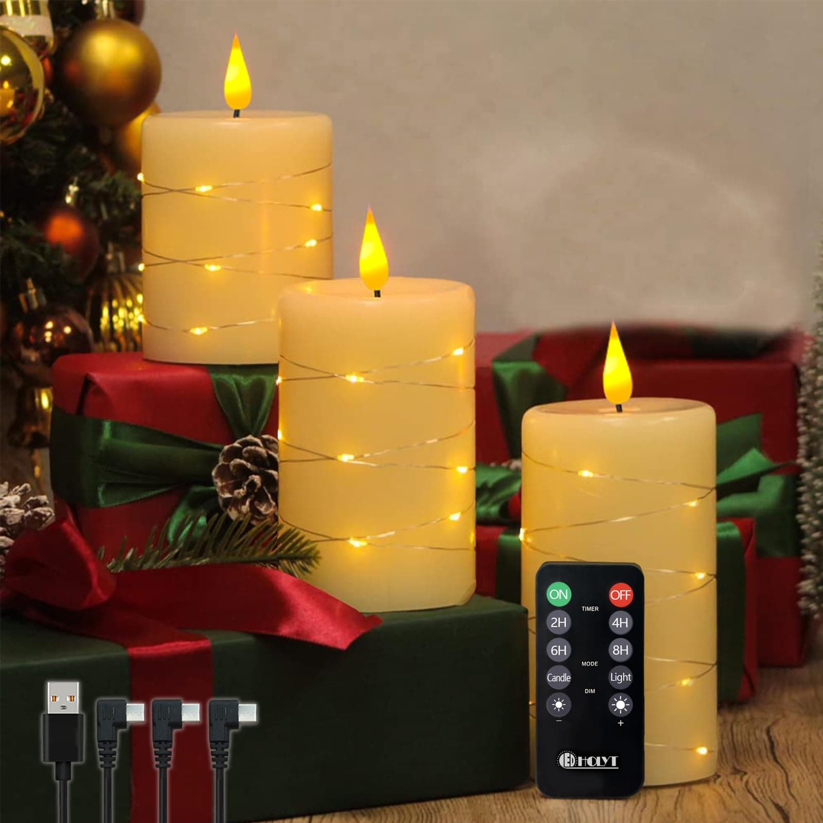 LEDHOLYT Rechargeable Flameless Candle, Flickering LED Pillar Real Wax Candle with Fairy Lights, Remote Control and Timer, Upgraded Teardrop Wick, Built-in Battery Electronic Candle, Set of 3
