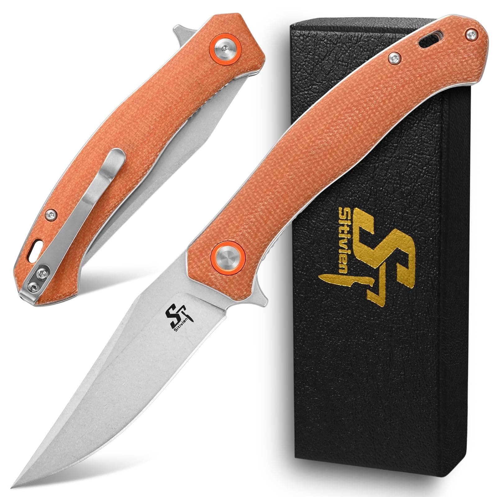 ST112 Folding Knife, D2 Blade and Micarta Handle EDC Tool Knife with Pocket Clip for Outdoor Camping Hiking Survival(Brown)