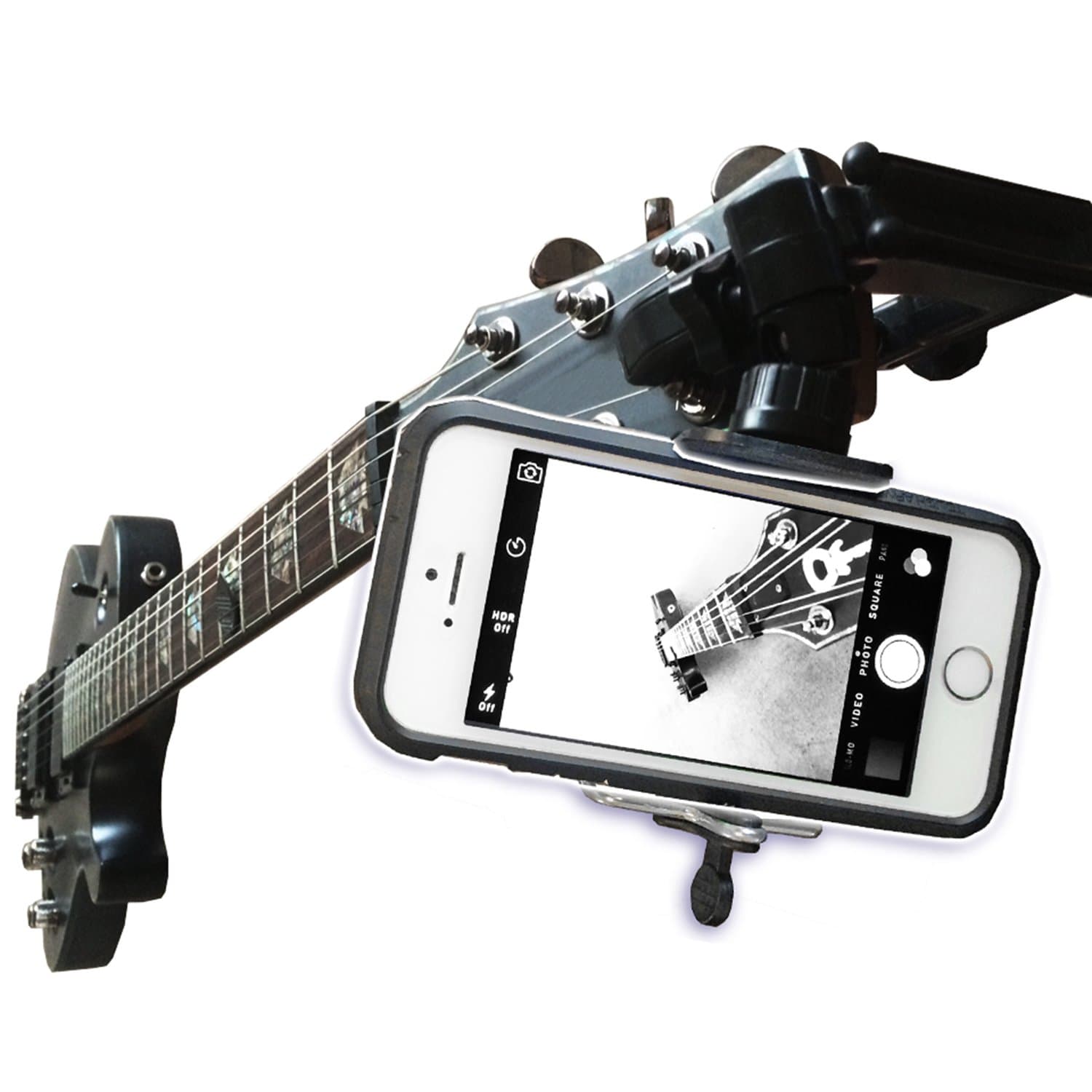 Guitar Headstock Clamp On Mount with Ball Head Joint ~ For SmartPhones & Most Cameras ~ Close Up Home Recording ~ Plus Guitar Pick Holder Keyring