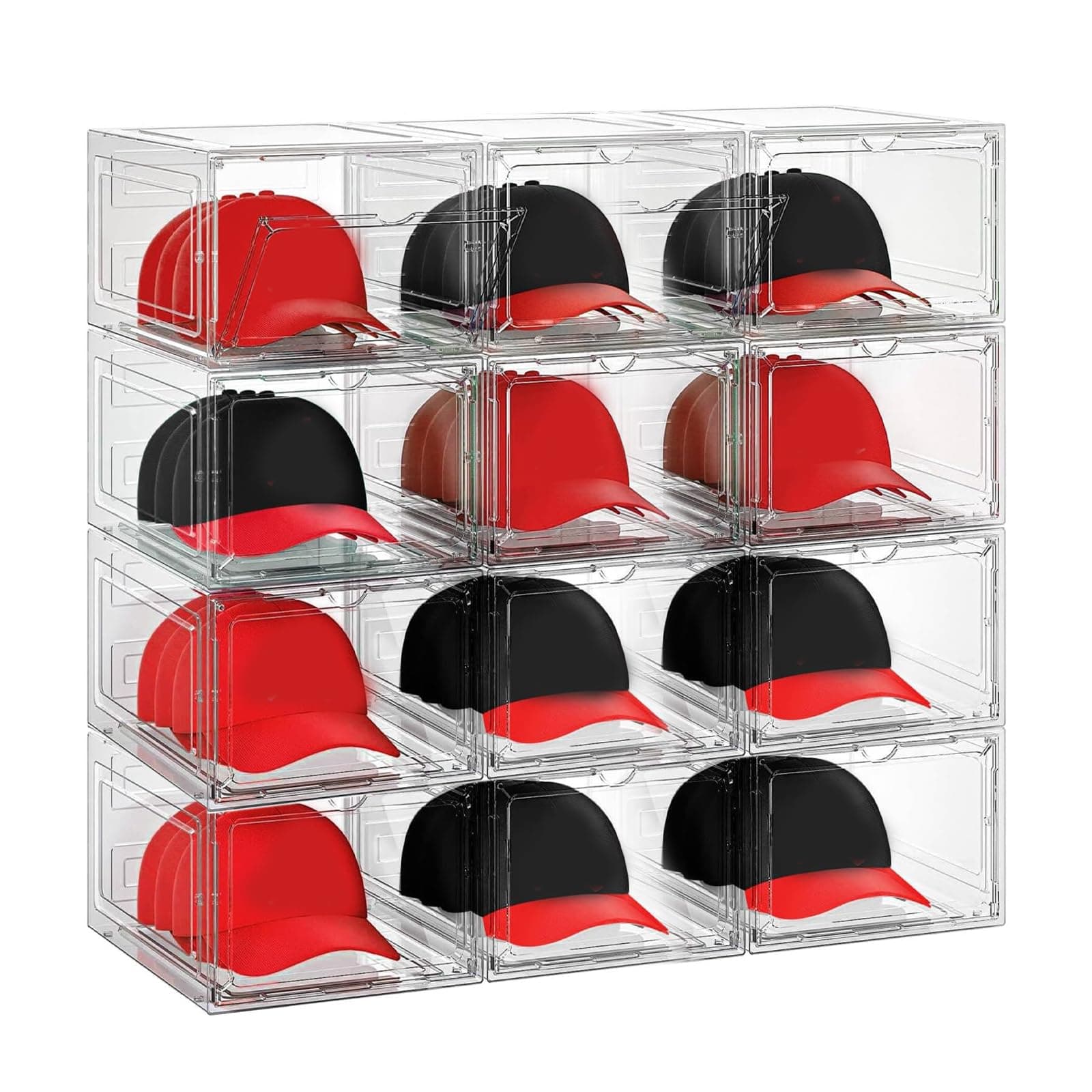 12 Pack Hat Organizer Baseball Cap Rack Clear Stackable Cap Storage Box with Clear front Door for Stylish Hat Display Cap Storage Holder Container