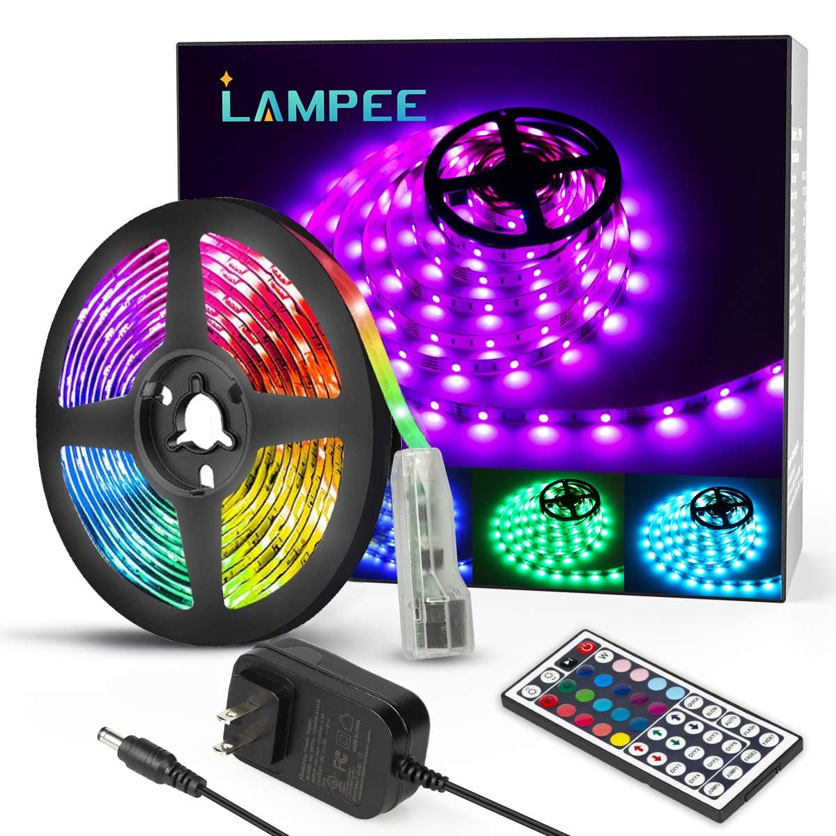 Lampee LED Strip Lights, 16.4ft 12V Flexible RGB Lights Color Changing, 5050 SMD Rope Light Kit with Remote Controller and 150 LEDs for Home, Kitchen, Bedroom, DIY Decoration