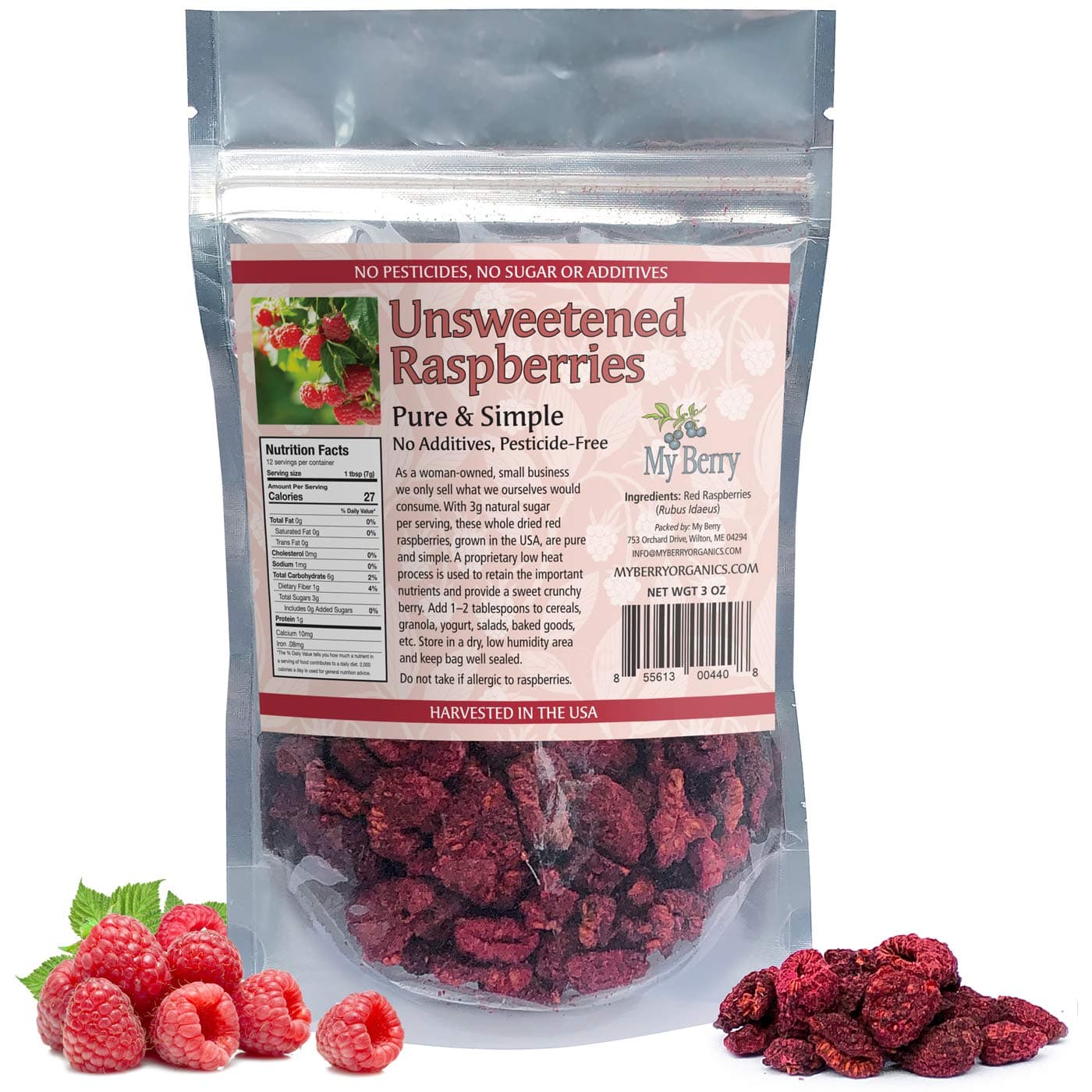Unsweetened Dried Raspberries by My Berry | 3oz | Crunchy | Low Heat Dried - Not Freeze-Dried | No Added Sugar/Additives | USA Grown