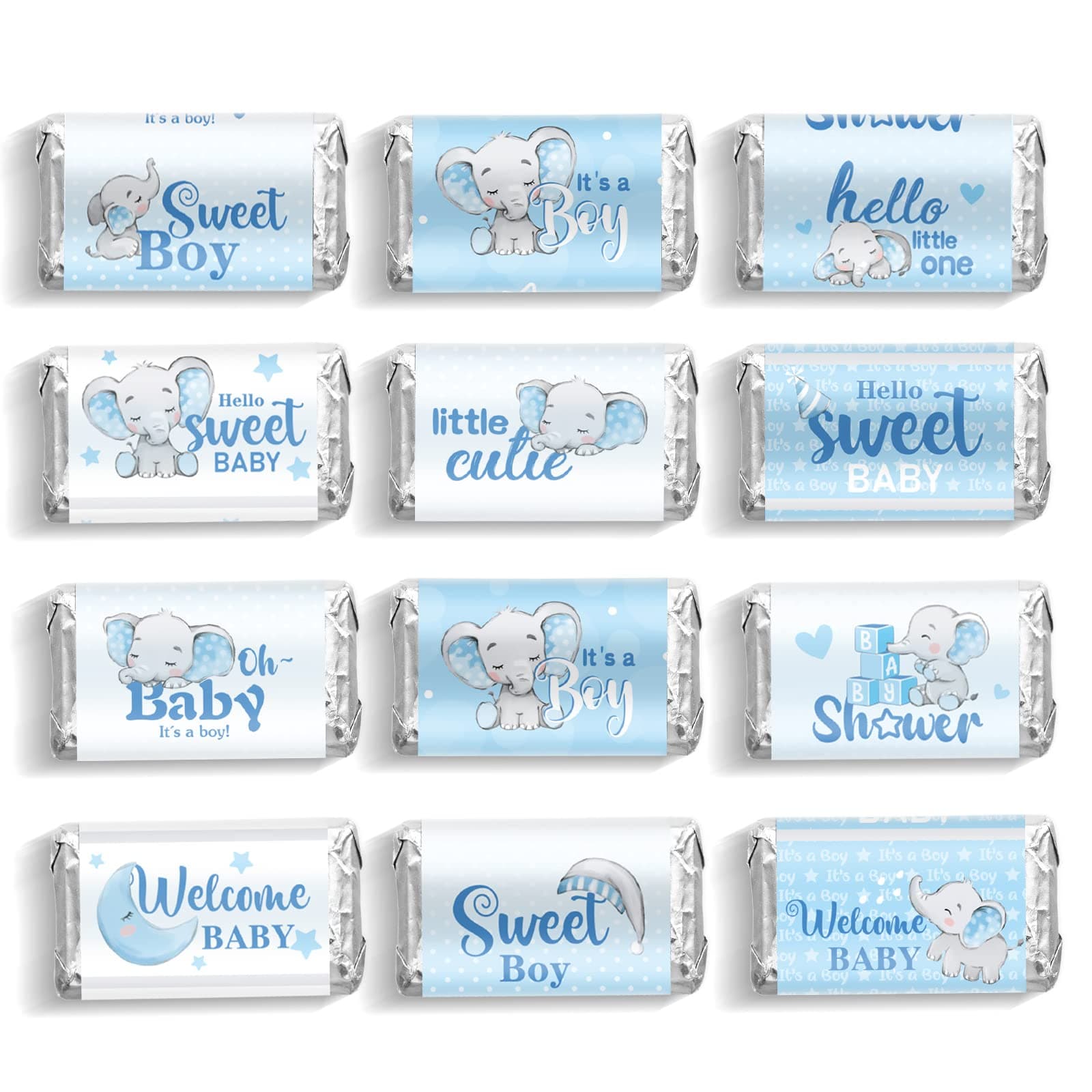 90 Pcs Elephant Theme Baby Shower Candy Wrappers Mini Candy Bar Miniatures Wrappers Chocolate Bar Label Stickers for Gender Reveal Sprinkle Birthday Boy Girl Baby Shower Decoration(Blue)