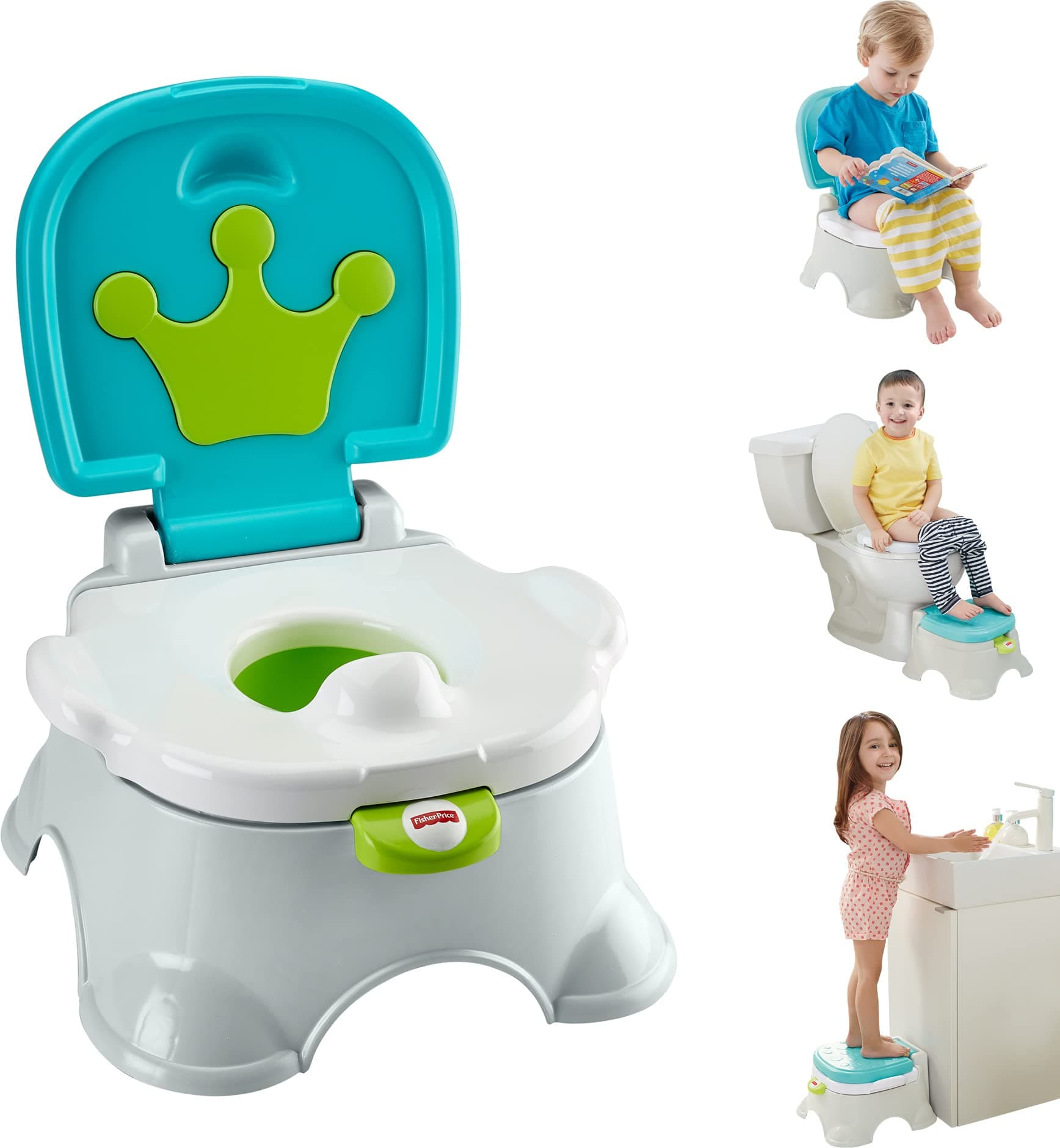 Fisher-Price Toddler Toilet Royal Stepstool Potty Training Seat with Music plus Removable Ring and Bowl, Blue