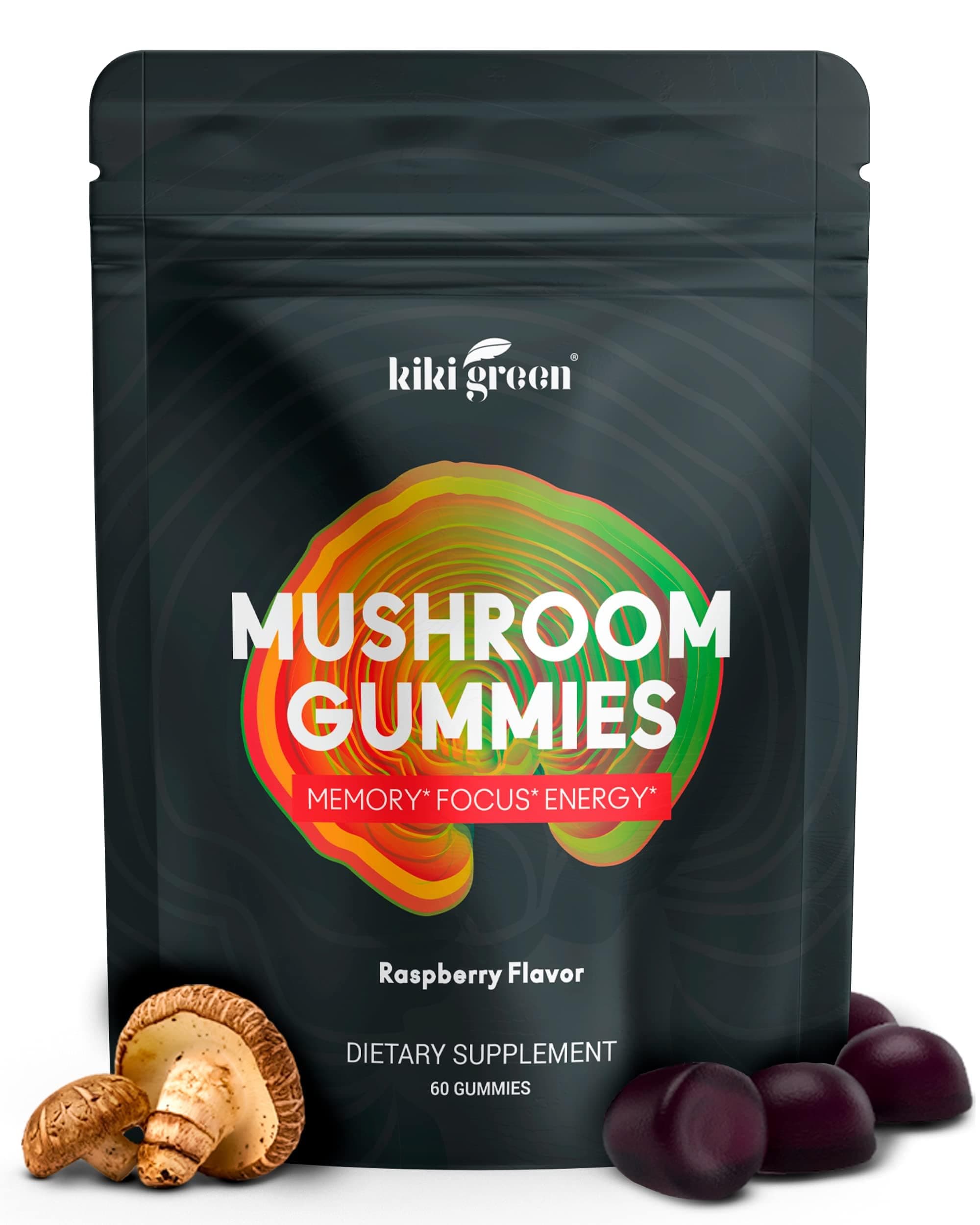 KIKI Green Mushroom Gummies Nootropic Adaptogenic Supplement - 2,500 mg – Lion's Mane & 9 More Mushrooms 10:1 Extracts Fruiting Body – Raspberry Flavor Non-GMO Gluten and Gelatin Free – Vegan