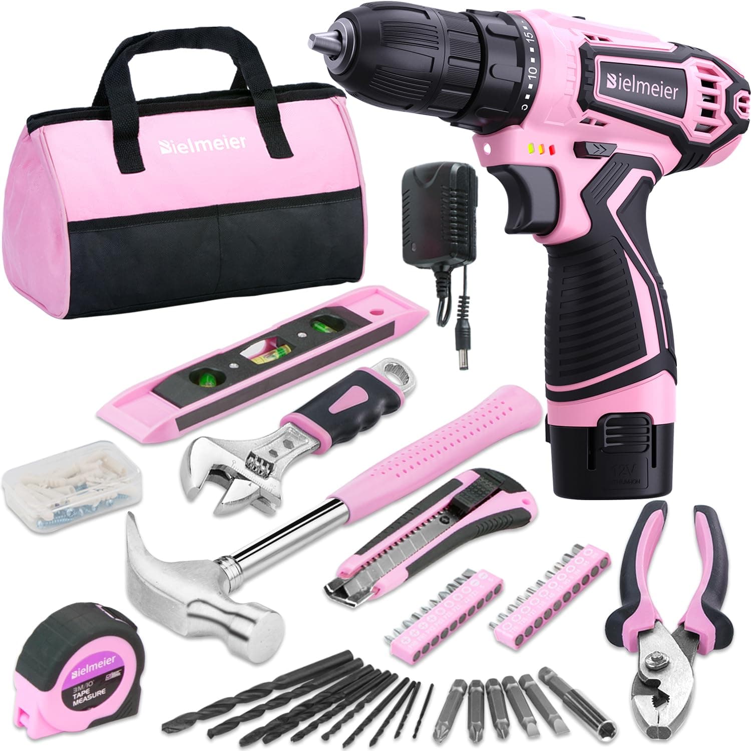 Bielmeier12V Pink Cordless Drill Set - Essential Women's power drill tool set for house Projects - Complete Ladies Tool Set with Stylish Pink Accessories, Ideal for Home Maintenance