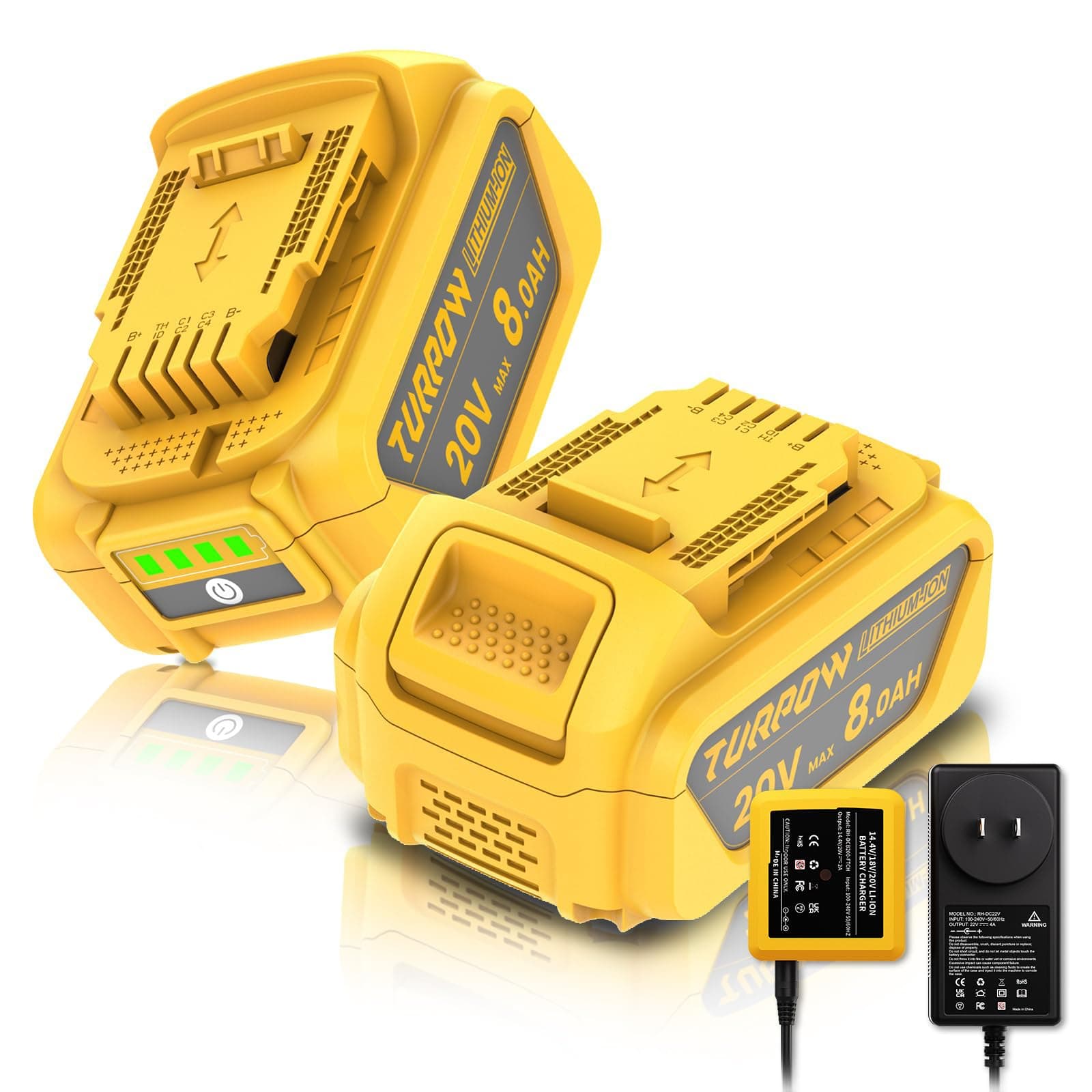 New Model 8.0Ah Replacement Dewalt 20V Battery and Charger for Dewalt 20V Max Batteries DCB200 DCB205-2 DCB206 DCB204 DCB203 DCB208 Compatible with Dewalt 20V Cordless Power Tools