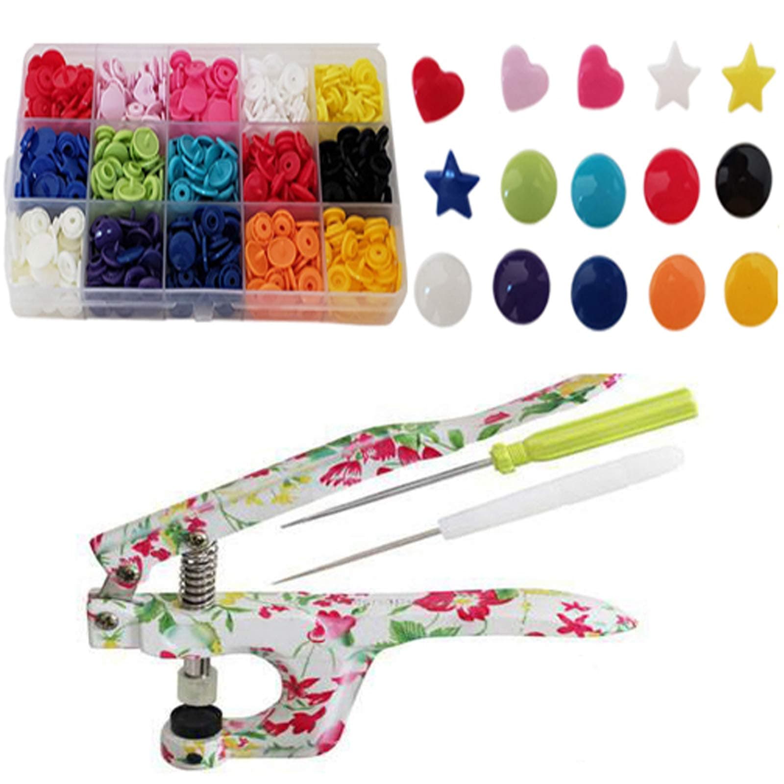 KAMsnaps Starter Case: Heart / Star / Round KAM Snaps Press Pliers for Plastic Snaps No-Sew Buttons Fasteners Setter Hand Tool for Clothes, Cloth Diapers, Bibs (Floral Organizer)