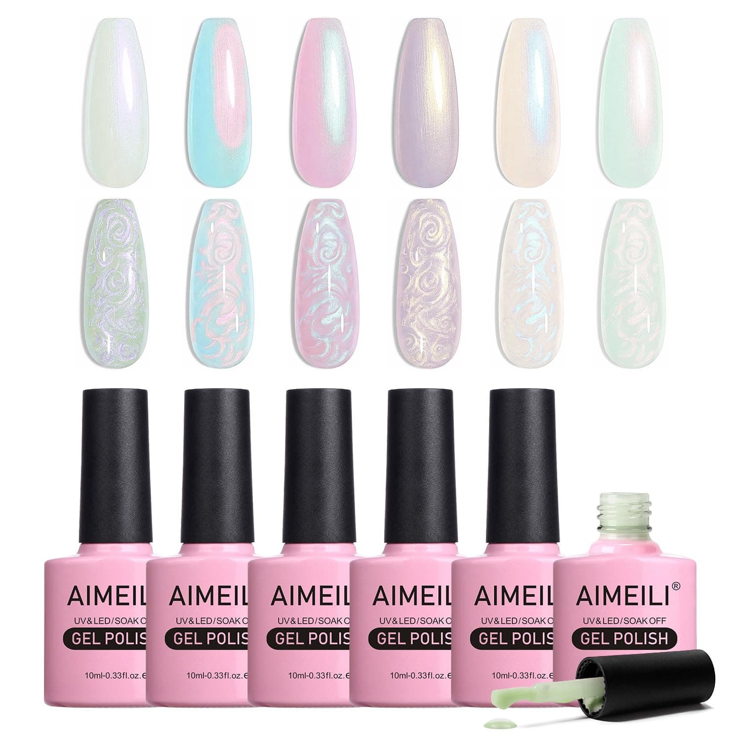 AIMEILI Pearl Shell Gel Nail Polish, 6 Colours Polarized Glitter Shimmer Mermaid Gel Polish Kit UV LED Soak Off Nail Art Varnish Manicure Gifts - Set 42
