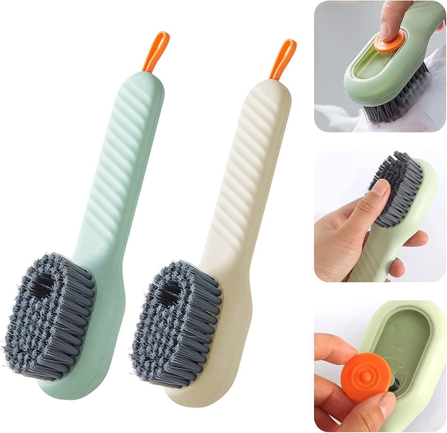 QONETIC (Pack of 2) Shoe Cleaning Brush with Long Handle and Hang Hole Household Multipurpose Multi Directional bristles soap Dispensing scrubbing Reusable Washing for Shoes