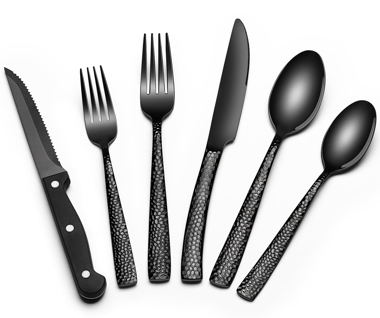 EWFEN 24-Piece Black Silverware Set with Steak Knives, Black Flatware Set for 4, Food-Grade Stainless Steel Tableware Cutlery Set, Mirror Finished Utensil Sets for Home Restaurant, Wave Hammered