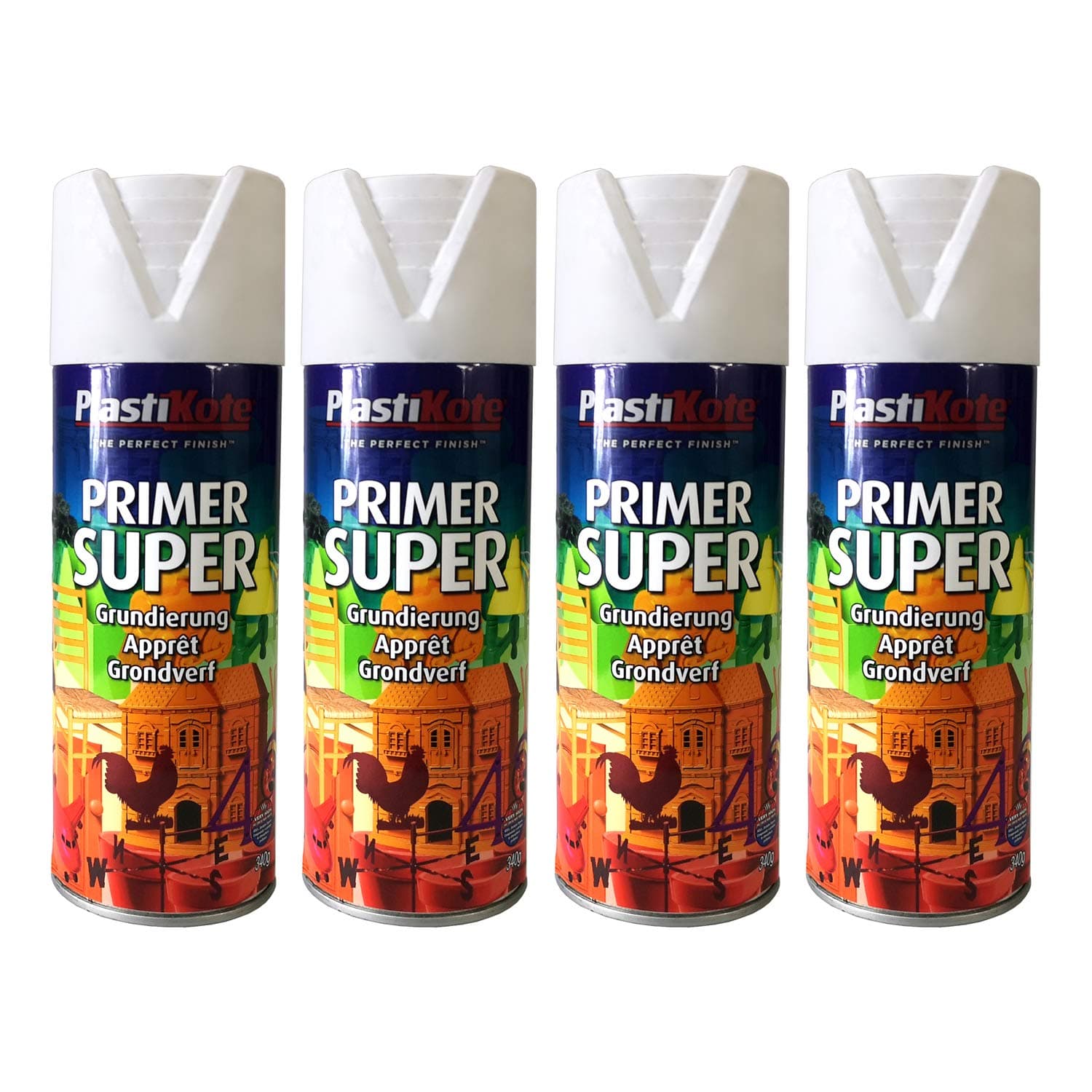 4 x PlastiKote Super Primer White Spray Paint 400ml - 2.23m² Coverage per can - Suitable for Wood, Metal, Plastic, Stone, Wicket & Crafts.