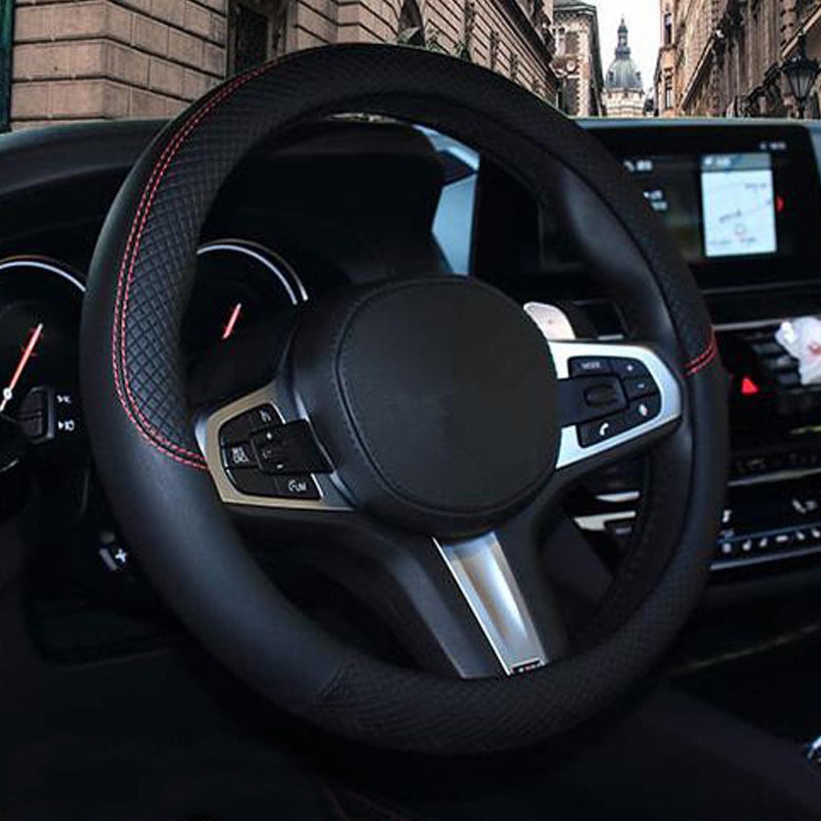 SHIAWASENA Car Steering Wheel Cover, Leather, Universal 15 Inch Fit, Anti-Slip & Odor-Free (Black)