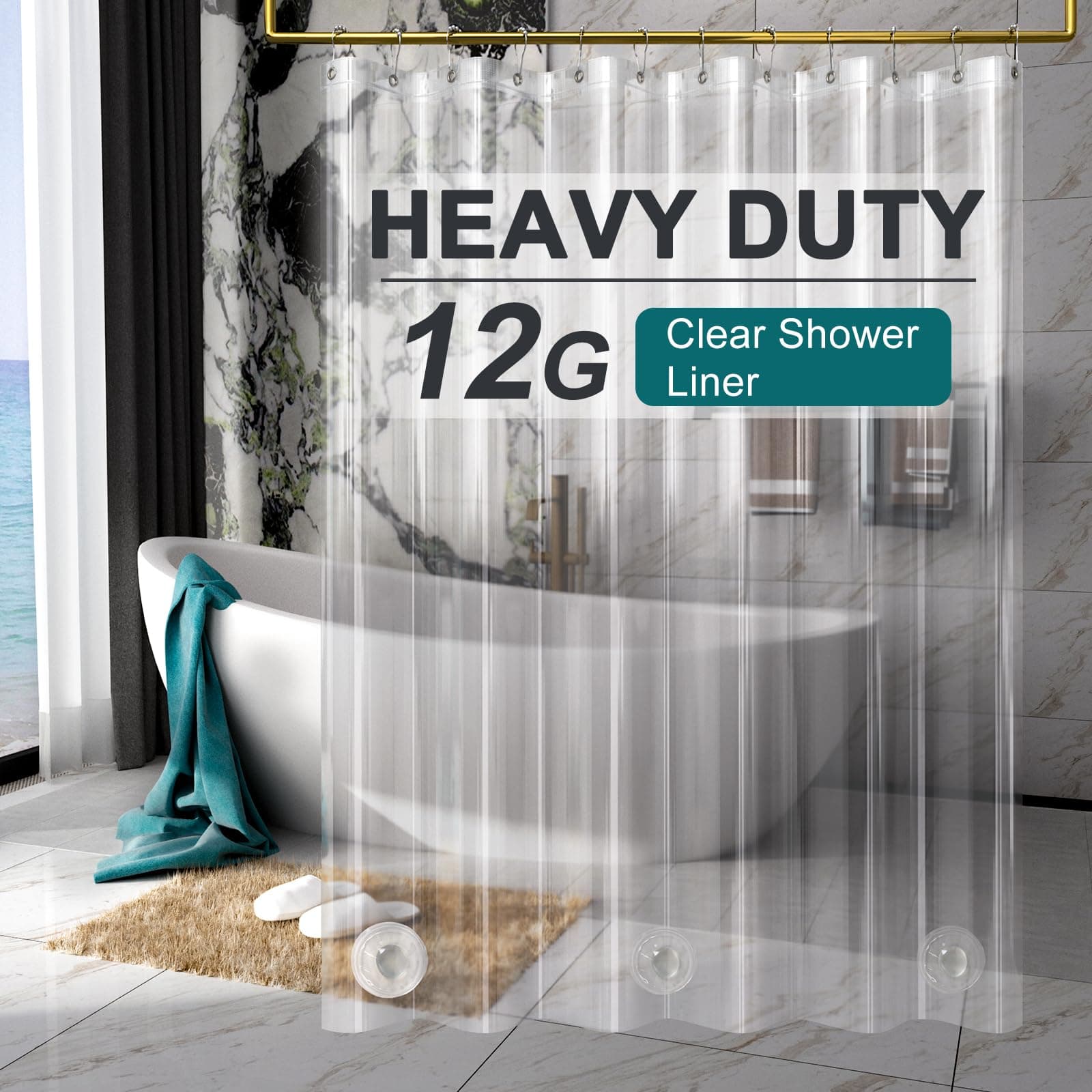 Heavy Duty Shower Curtain Liner 12 Gauge, 72 x 78 Inches Clear Shower Curtain Liner with 3 Clear Stones and 12 Grommet Holes, Weighted Plastic Shower Liner