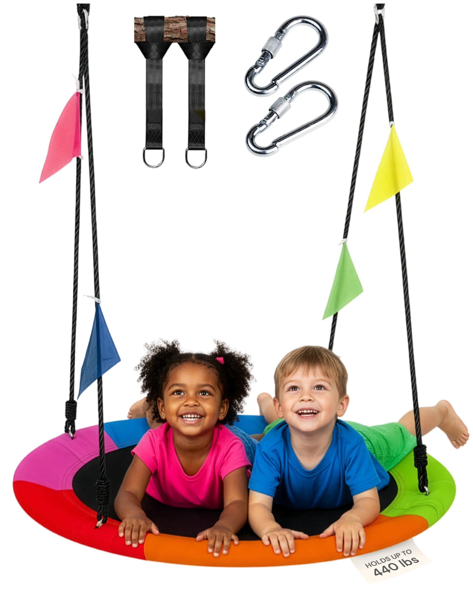 PLAYVIBE 40" Saucer Swing for Kids Outdoor - Gifts for Indoor Playroom & Birthday - Tree Swing Set for Backyard, 440 lb Capacity - Multicolor 600D Oxford Fabric & Adjustable Ropes, Straps & Carabiners