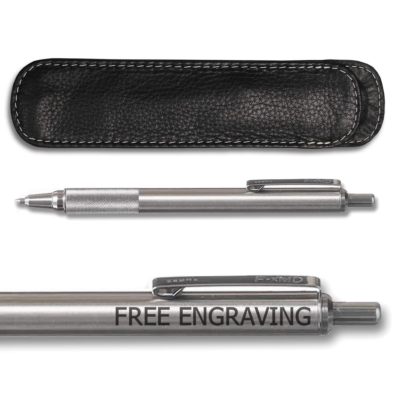 Zebra F-xMD Ballpoint 1.0mm Steel with Leather Pen case making a Great Gift - Choose with or without Lazer Pen Engraving