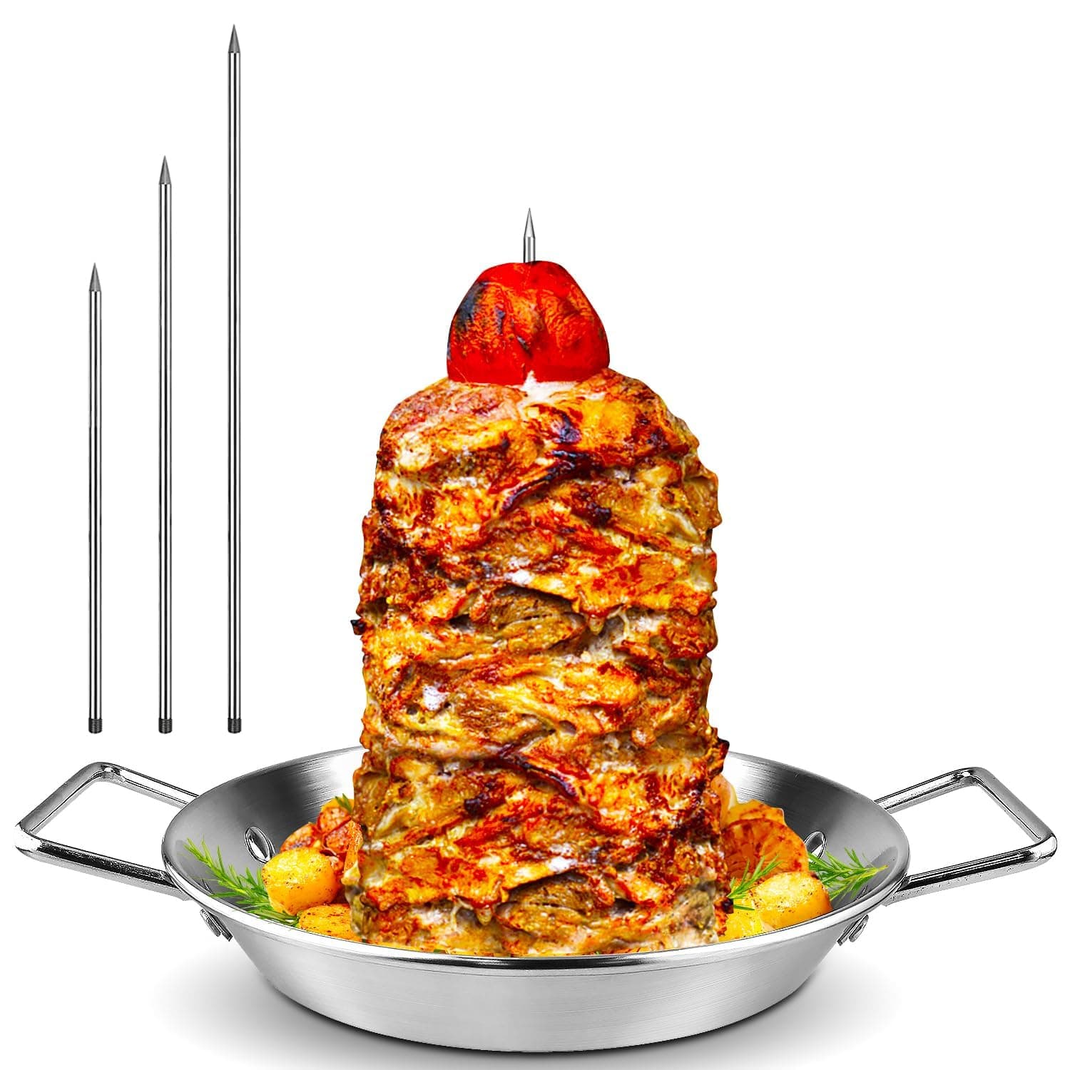 Al Pastor Skewer for Grill -Vertical Barbecue Stand Al Pastor, Kebabs, Shawarma, Gyros, with 10.5 inch base plate and 3 detachable sharp barbecue accessories (8 inches, 10 inches, and 12 inches)