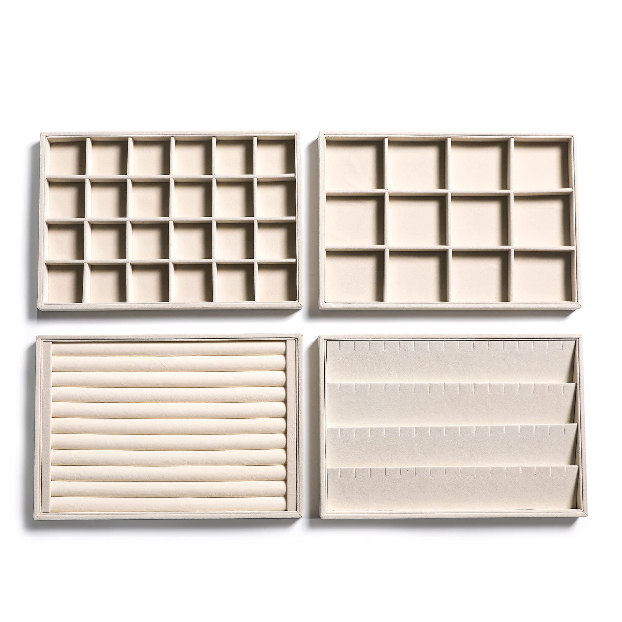 Frebeauty Stackable Velvet Jewelry Organizer Trays for Drawers Inserts Jewelry Storage Tray Display Case Earrings Bracelets Necklace Rings Accessories Trays for Women Girls(Set of 4)(Beige