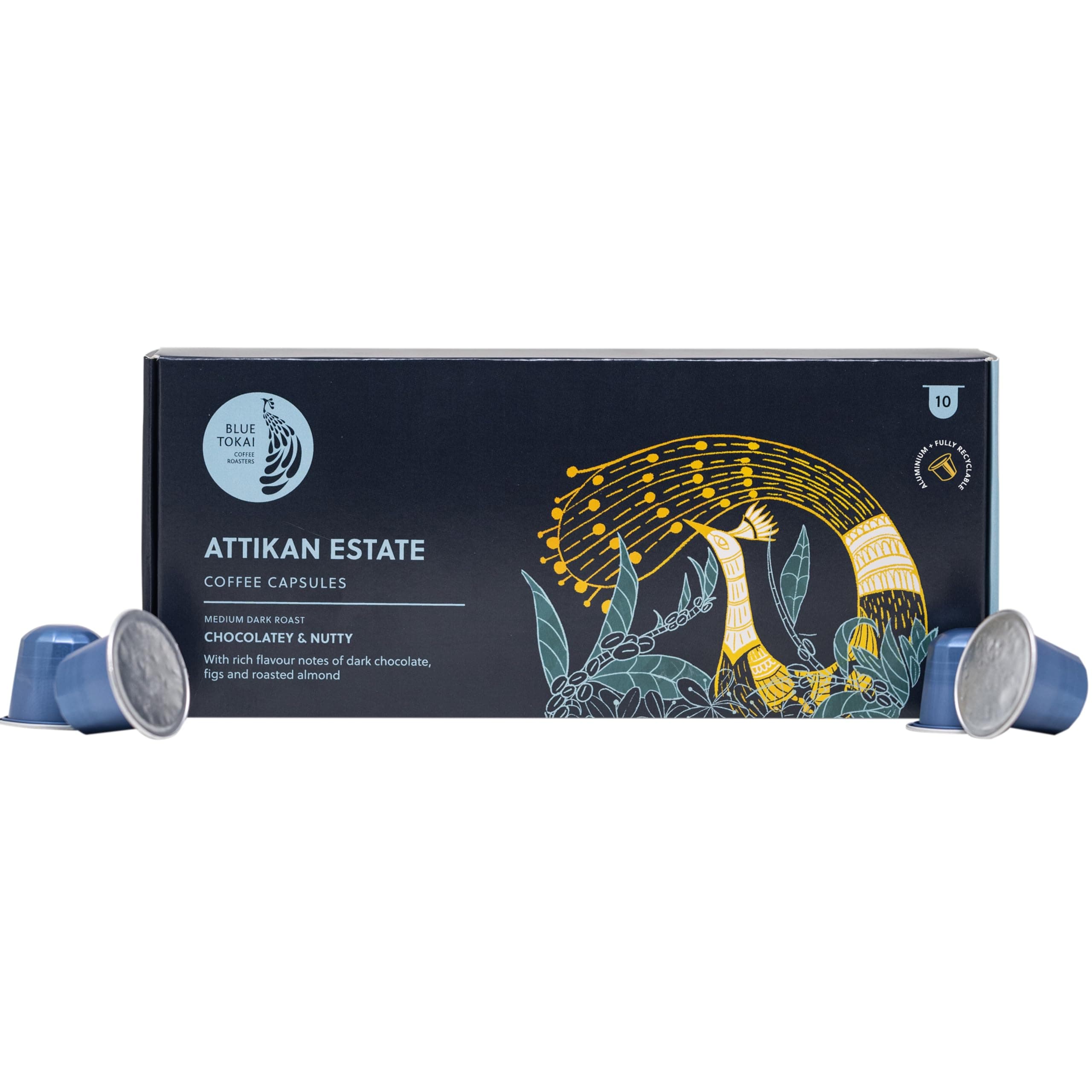 Blue Tokai Coffee Roasters Aluminium Capsules| Attikan Estate - Medium Dark Roast | 100% Arabica | Speciality Coffee| Nespresso Compatible Coffee Pods | 10 Pods In Pack