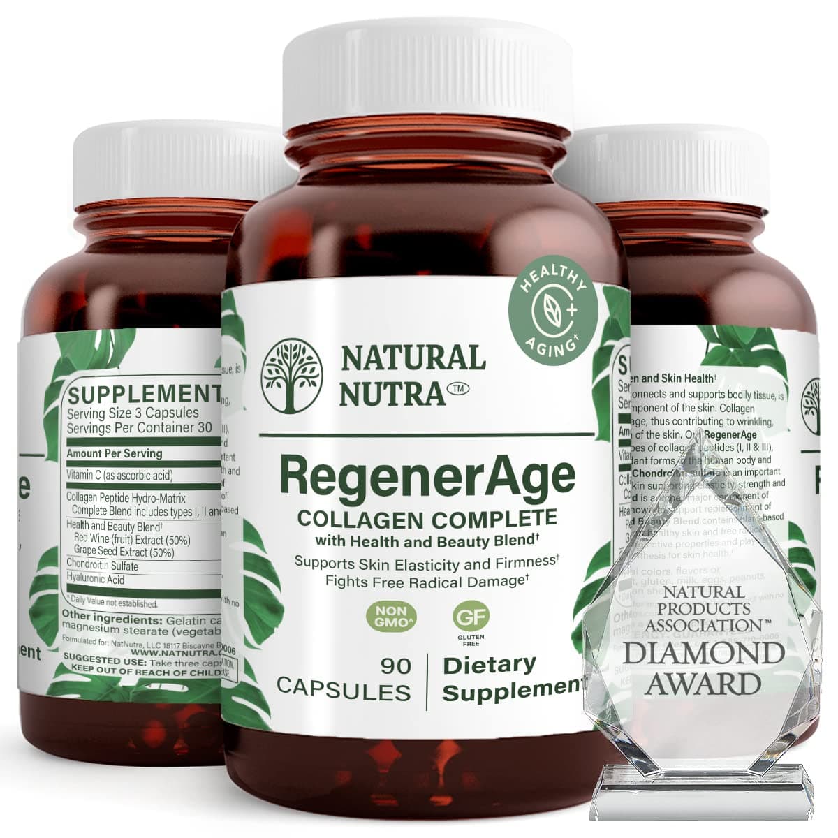 Natural Nutra RegenerAge Complete Supplement for Skin Health with Protein Peptides, Reduce Stretch Marks, Contributes Overall Health, Vitamin C, Grape Seed Red Wine Extract, Gluten Free, 90 Capsules.