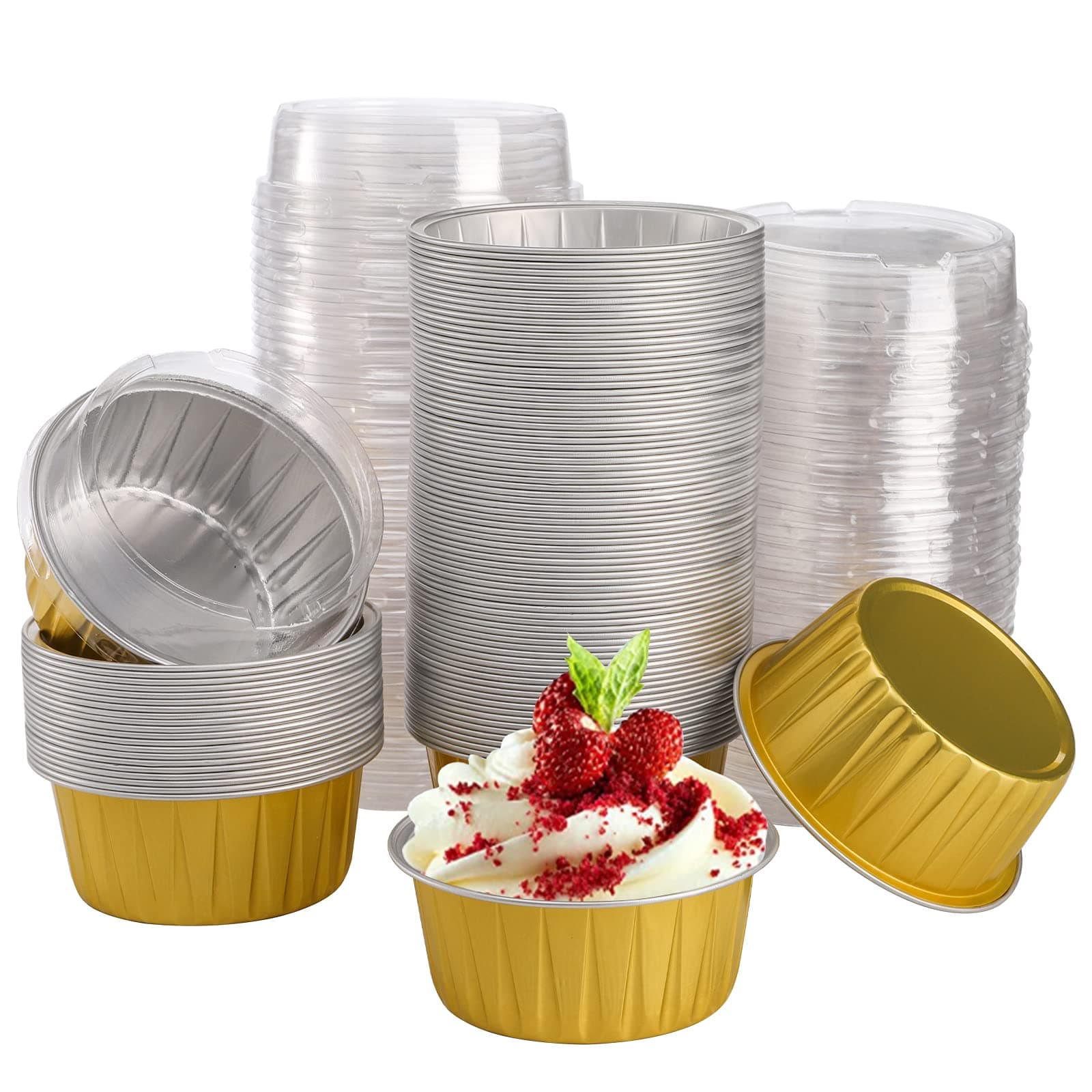 DEAYOU 100-Pack Aluminum Foil Baking Cups with Lids, 5oz Disposable Muffin Cupcake Ramekins, 3" Recyclable Cupcake Foil Liners Mini Tart Pie Tin Pan Holder for Souffle, Pudding, Party, Wedding, Gold