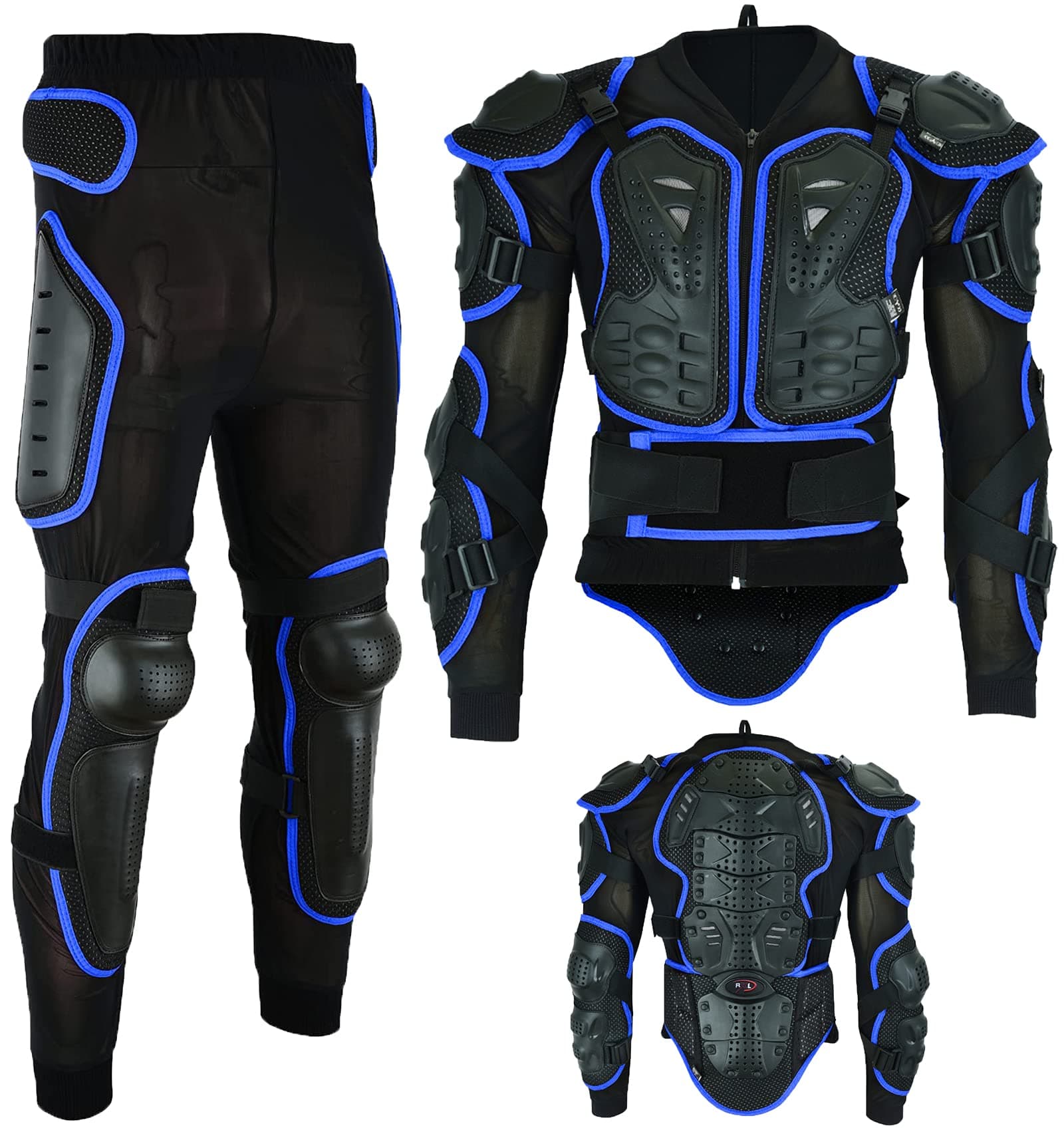 Motorcycle Motorbike Body Armour Suit Motocross Full Spine Body Protection Guard Motorcycle Protective Armour Jacket with Motorbike Armoured Trouser Pant (Armour Jacket L - Trouser waist 34", Blue)
