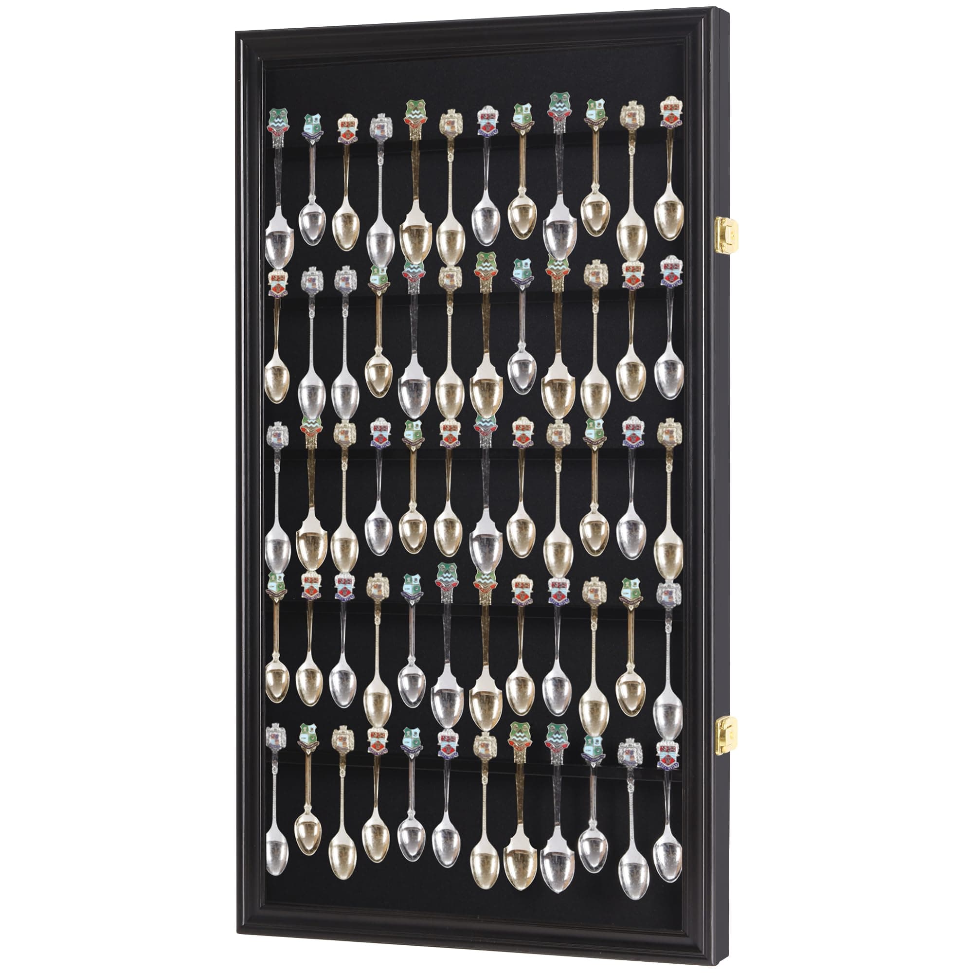 DisplayGifts 60 Souvenir Spoon Tea Spoon Display Case Rack Holder Wall Cabinet Frame, UV Protection, Lockable Door (Black Finish)