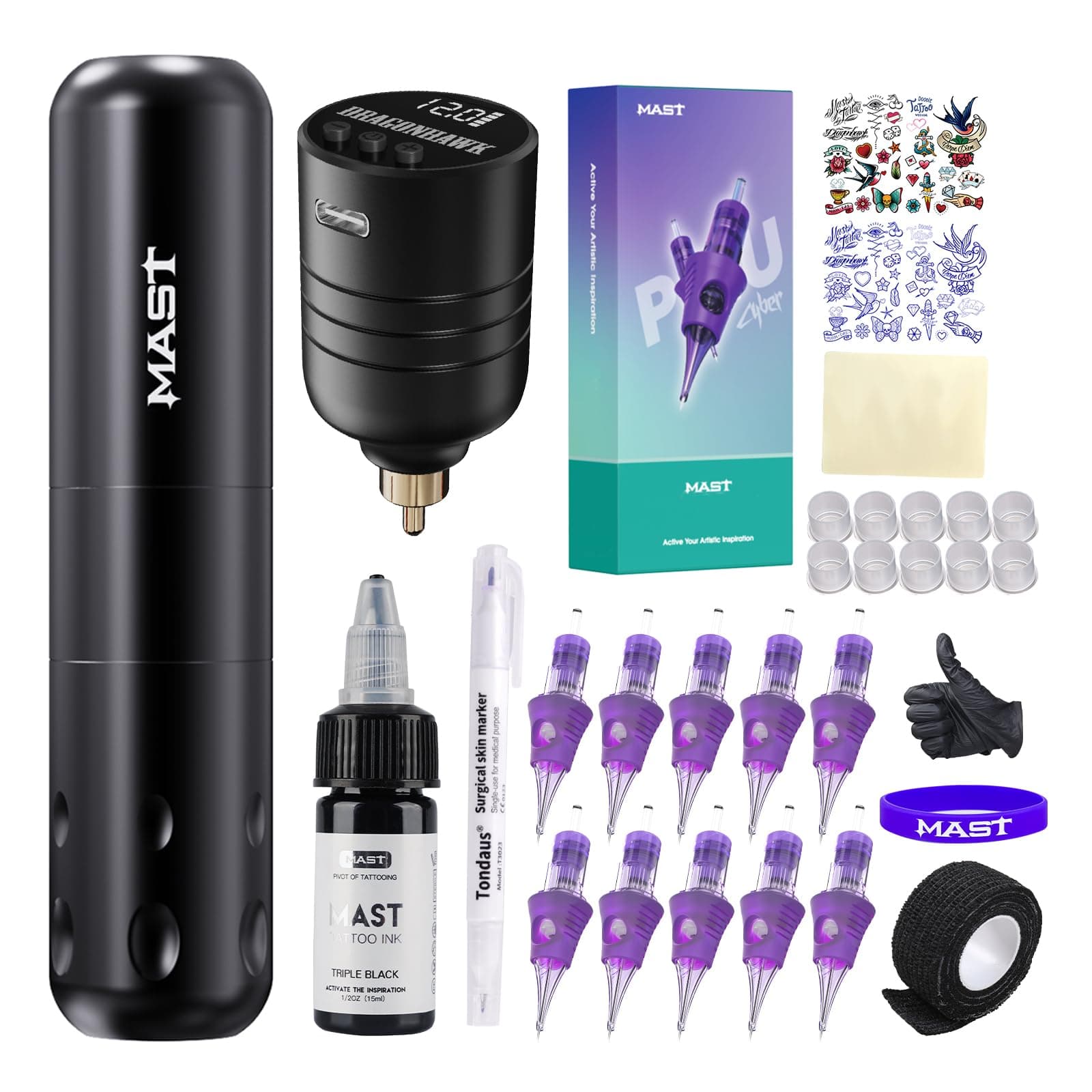 Mast Wireless Tattoo Kit Magi2 Tattoo Gun Pen Machine for Beginners Complete Tattoo Kit Battery Power Supply Black Tattoo Ink Tattoo Needles Cartridges Set