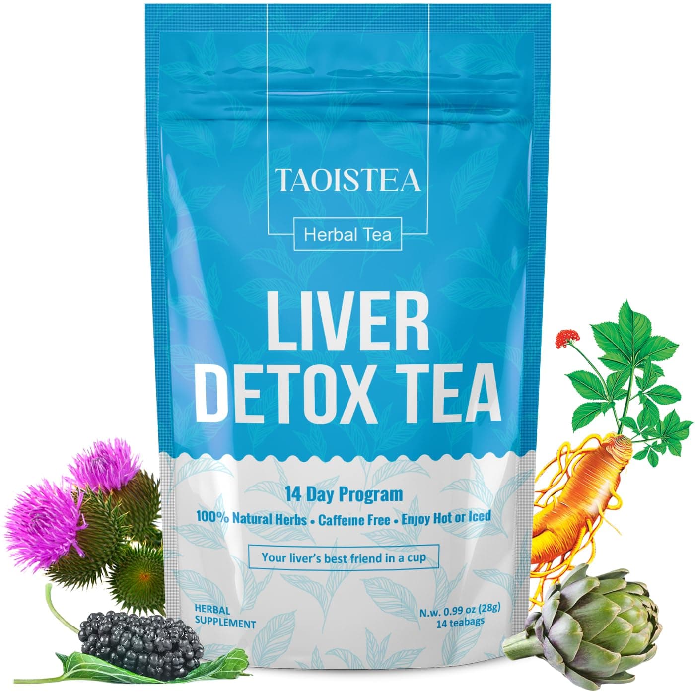 TAOISTEA Liver Detox Tea, Herbal Tea Blend for Liver Cleanse Detox and Repair, with Milk Thistle, Artichoke Leaf, Dandelion, Ginseng – 14 Day Supply