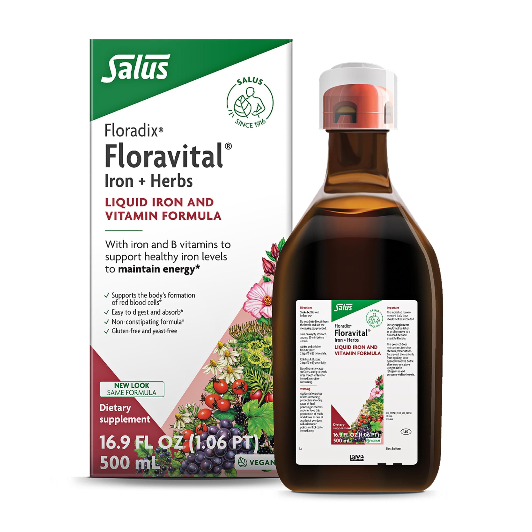 Floravital Liquid Iron & Vitamin Formula - Liquid Iron Supplement with C & B Vitamins & Herbs for Energy Support - Vegan, Gluten-Free, Yeast-Free & Non-GMO-16.9 Fl Oz