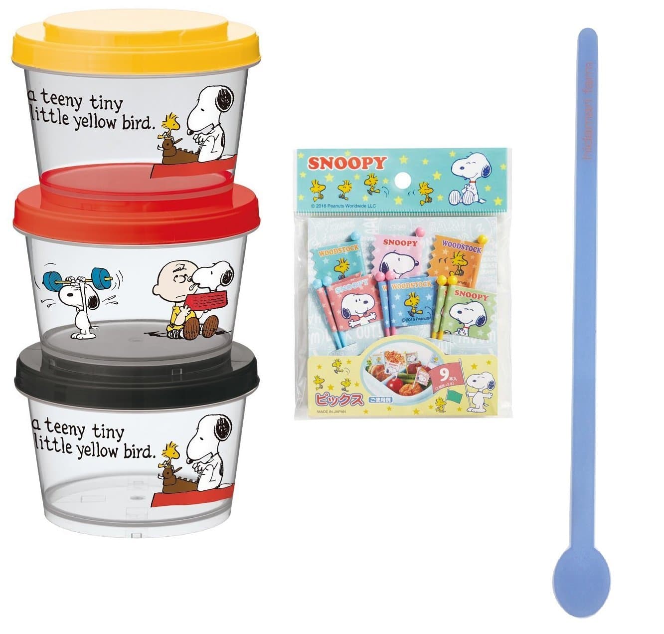 Skater Peanuts Snoopy Snack Containers, Set of 3 + snoopy Food Picks + hidamarifarm Color Change muddler