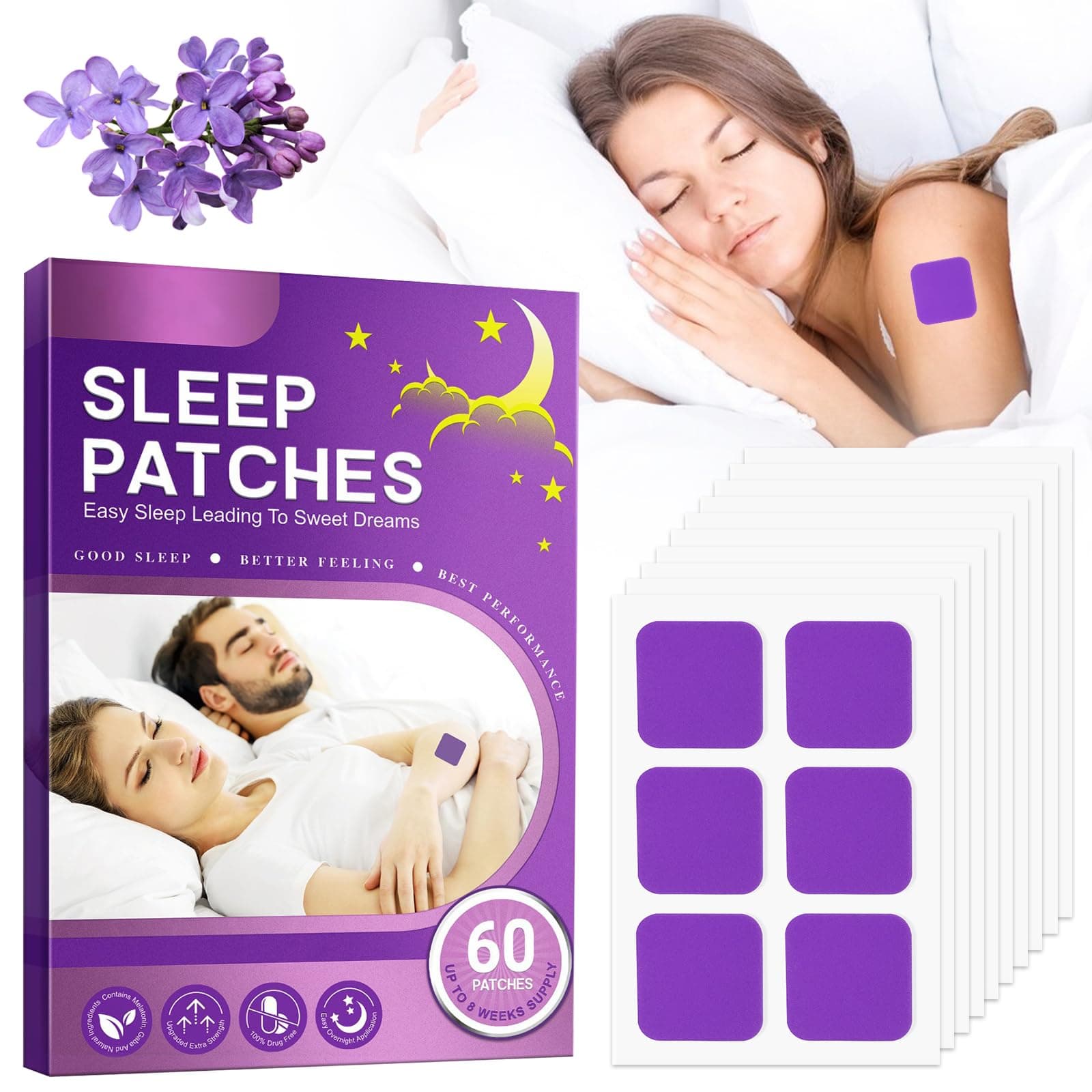 Fantasyon 60Pcs Sleep Patches, Upgraded Sleep Patches for Adults Deep Sleep Patches, Natural Sleep Aids for Adults Improve Quality Sleep Quickly Sleep(Purple)