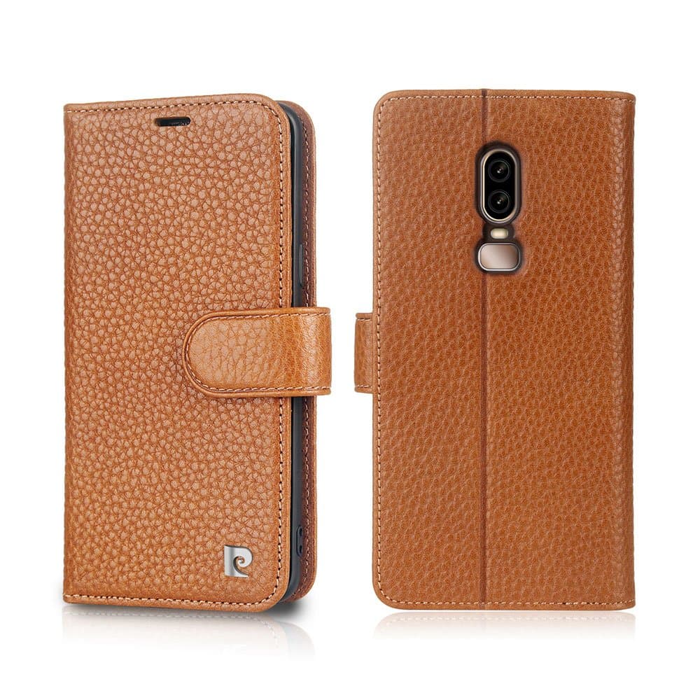 OnePlus 6 Wallet Case, Pierre Cardin Genuine Leather Folio Flip Cover Case with Cards Holder & Money Pocket & Kickstand Design & Magnetic Closure for Men & Women for OnePlus 6 - Brown