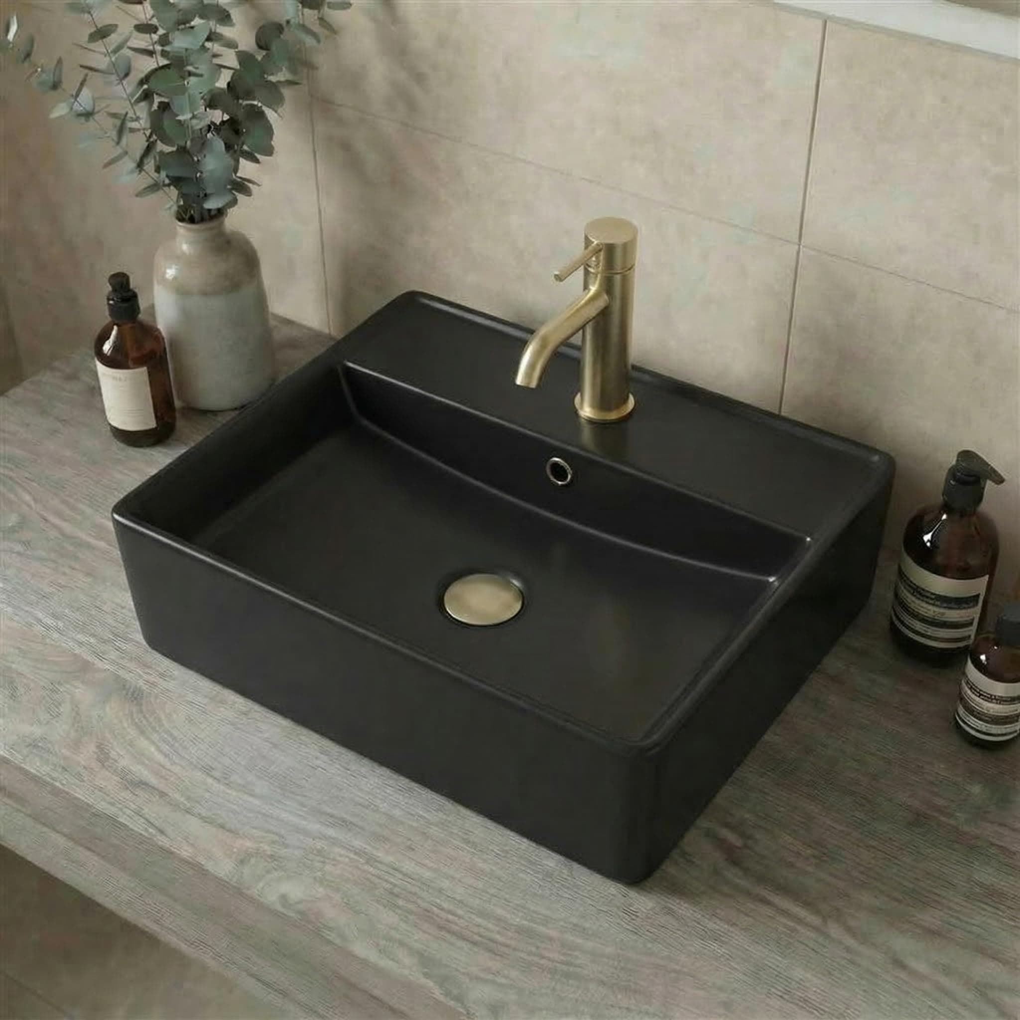 Countertop Basin for Bathroom and Cloakroom Hand Wash Basins Sink One Tap Hole Modern Matt Black Rectangular 505 x 352mm