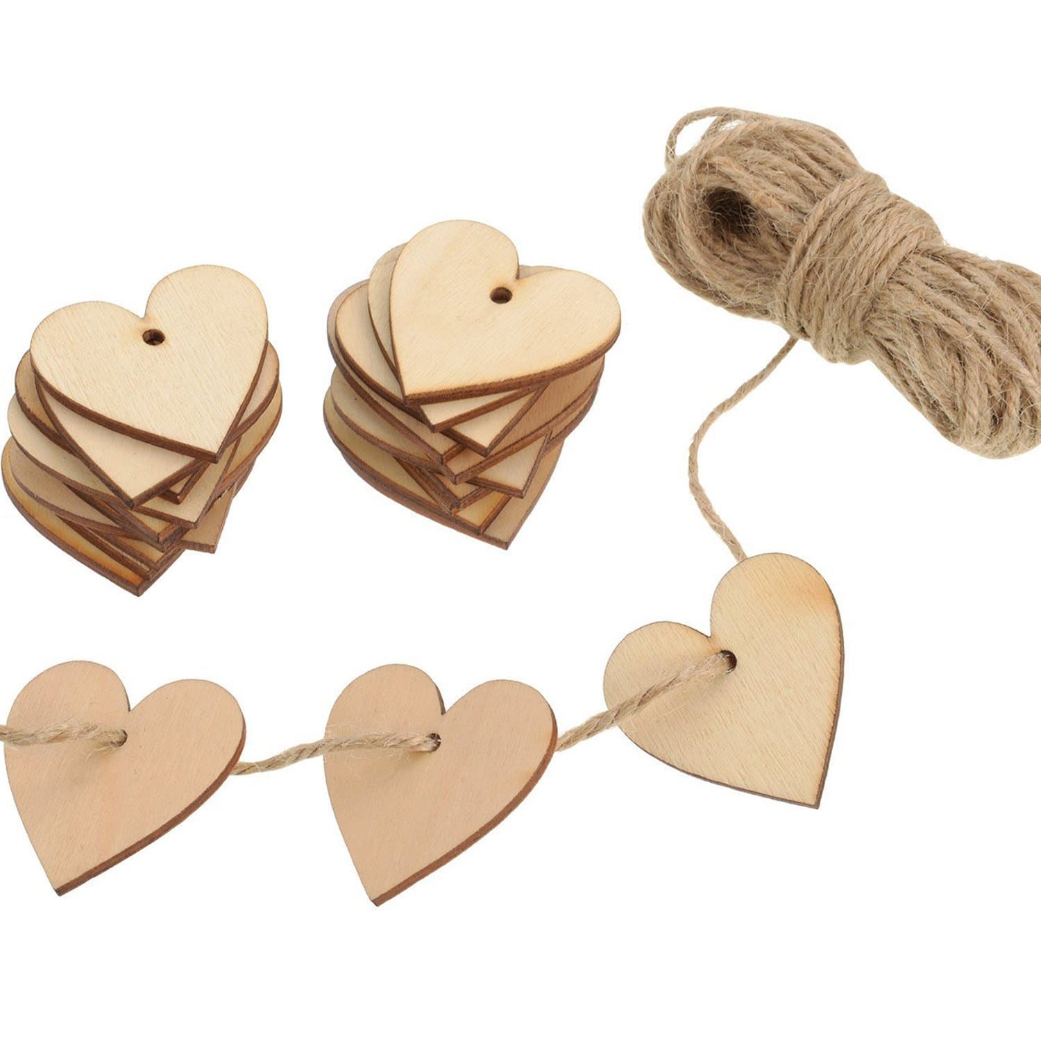 Outus 100 Pieces Wooden Hearts Blank Wooden Hearts Embellishments 40mm with 1 Roll 10m Natural Twine for Wedding Arts Crafts Card DIY Making Valentine Decoration