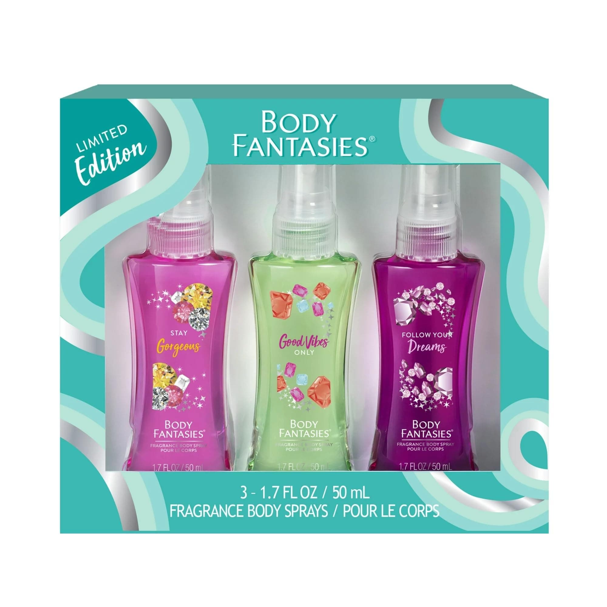(1) Box Fragrance Body Sprays 3pc Limited Edition Set - Scents: Stay Gorgeous, Good Vibes Only, Follow Your Dreams - 1.7 fl oz each Spray Bottle