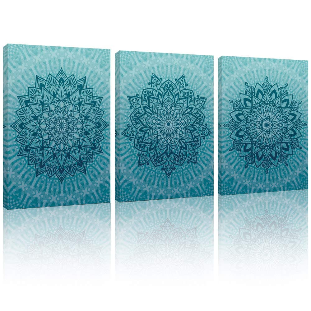 lamplig Mandala Wall Art Teal Artwork Pictures Blue Boho Decor Flowers Canvas Prints Aqua Geometric Paintings Home Decor Framed for Bedroom Office Bathroom Living Room 12x16, 3 Panels