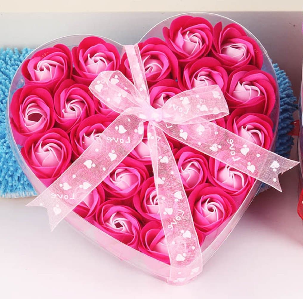 Lovely 24 Pcs Red Scented Bath Soap Rose Petal in Heart Box (Pink)
