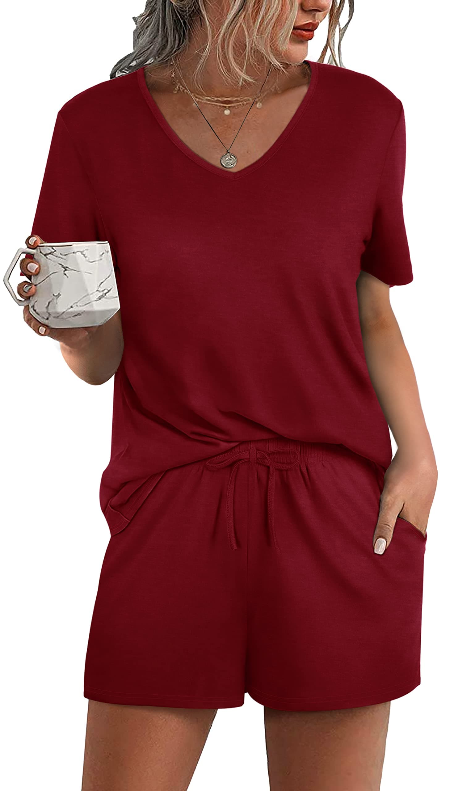 Aloodor Lounge Set for Women 2 Piece Outfits Short Sleeve V Neck Pjs Sleepwear Soft