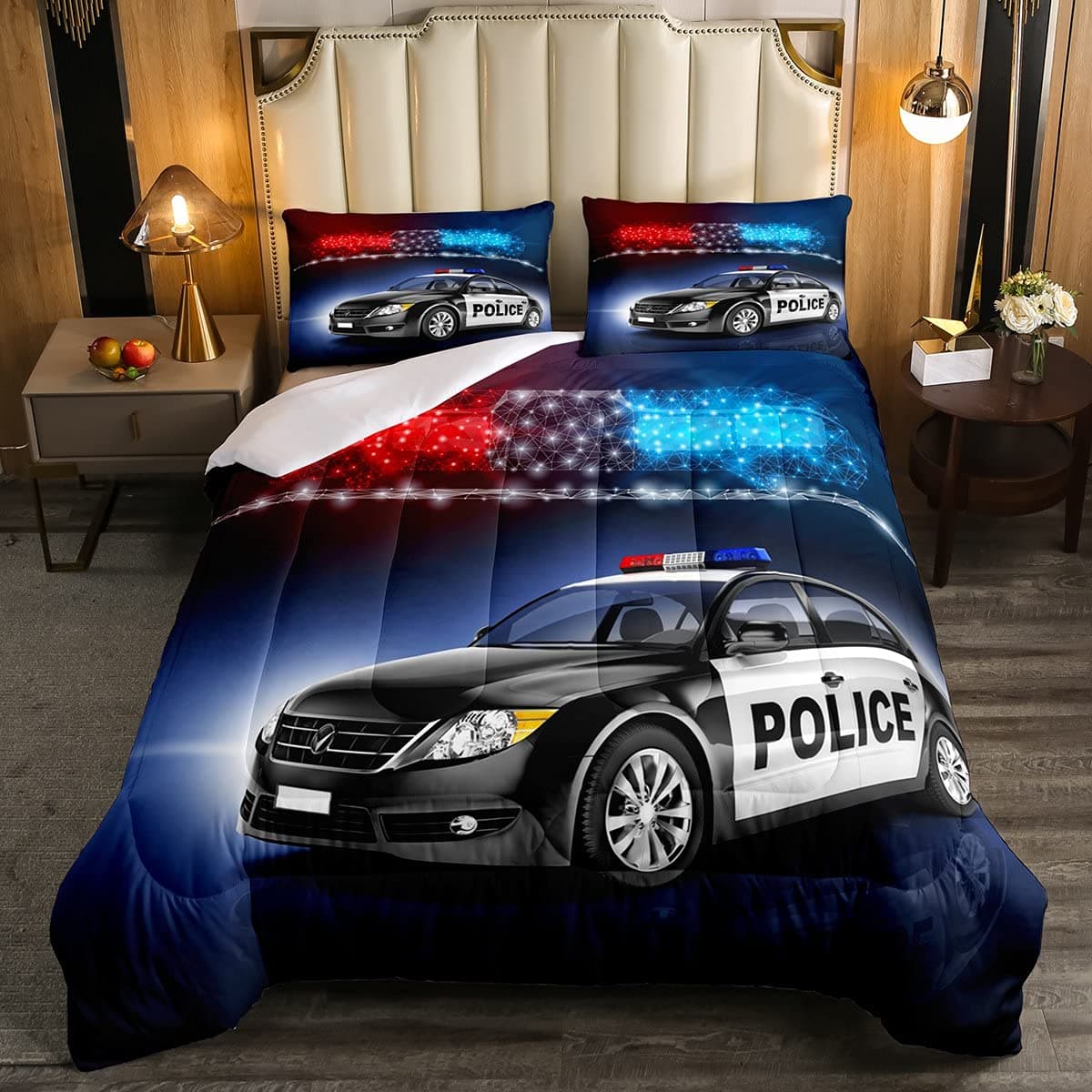 Erosebridal Police Car Comforter Sets Twin Size,Policeman Vehicle Bedding Set for Kids Boys Children,Red Blue Cop Lights Down Comforter Geometric Graphics Duvet Sets Bedroom Decor with 1 Pillow Case