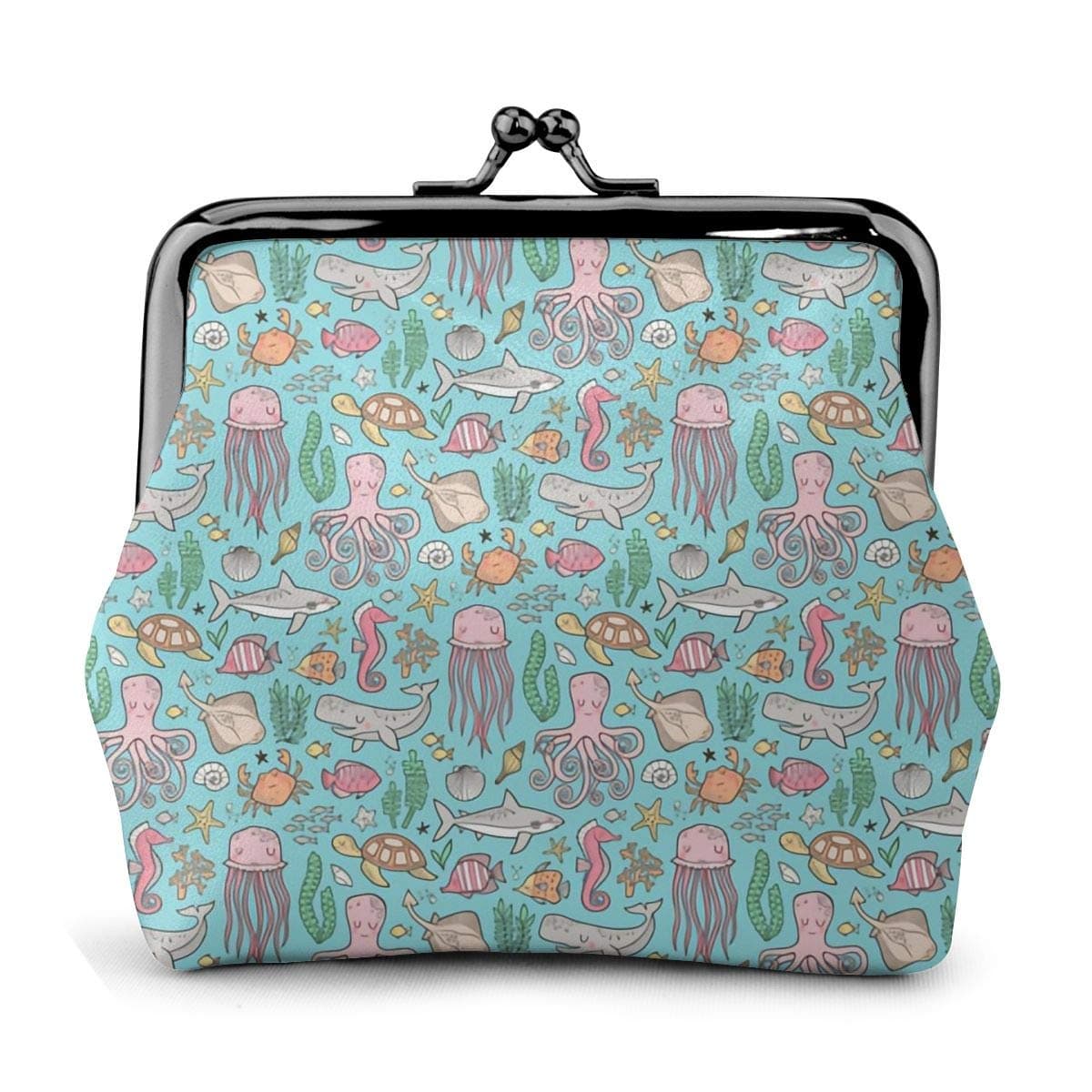Octopus Ocean Life Blue Seahorse Cute Vintage Pouch Girl Kiss-lock Change Purse Wallets Buckle Leather Coin Purses Key Woman Printed Unique Design