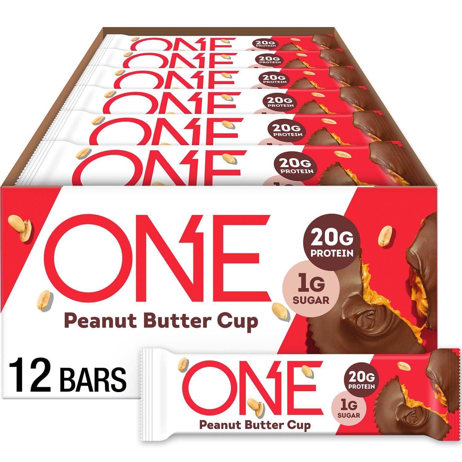 ONE Protein Bars, NEW Recipe Peanut Butter Cup, Gluten Free Protein Bars with 20g Protein and 1g Sugar, Pantry Staples, 2.12 oz (12 Count)