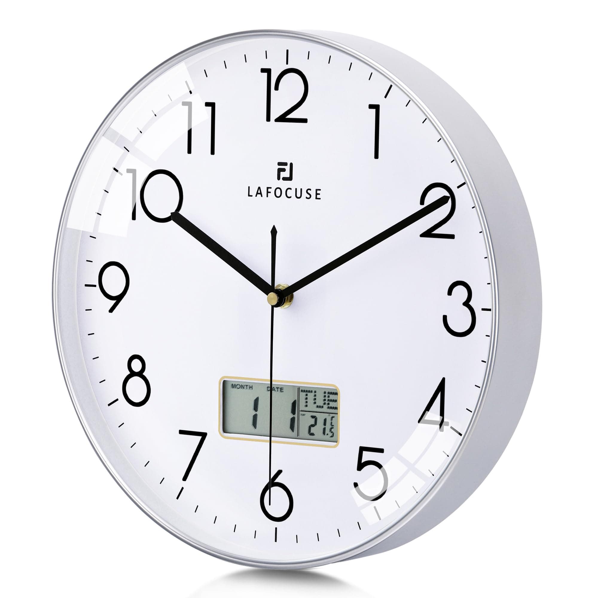 Lafocuse 12 Inch Silent Silver Wall Clock with Date and Day, Temperature, Day of Week, Kitchen Wall Clocks for Living Room Modern, LCD Digital Wall Clock Battery Operated Office Bedroom