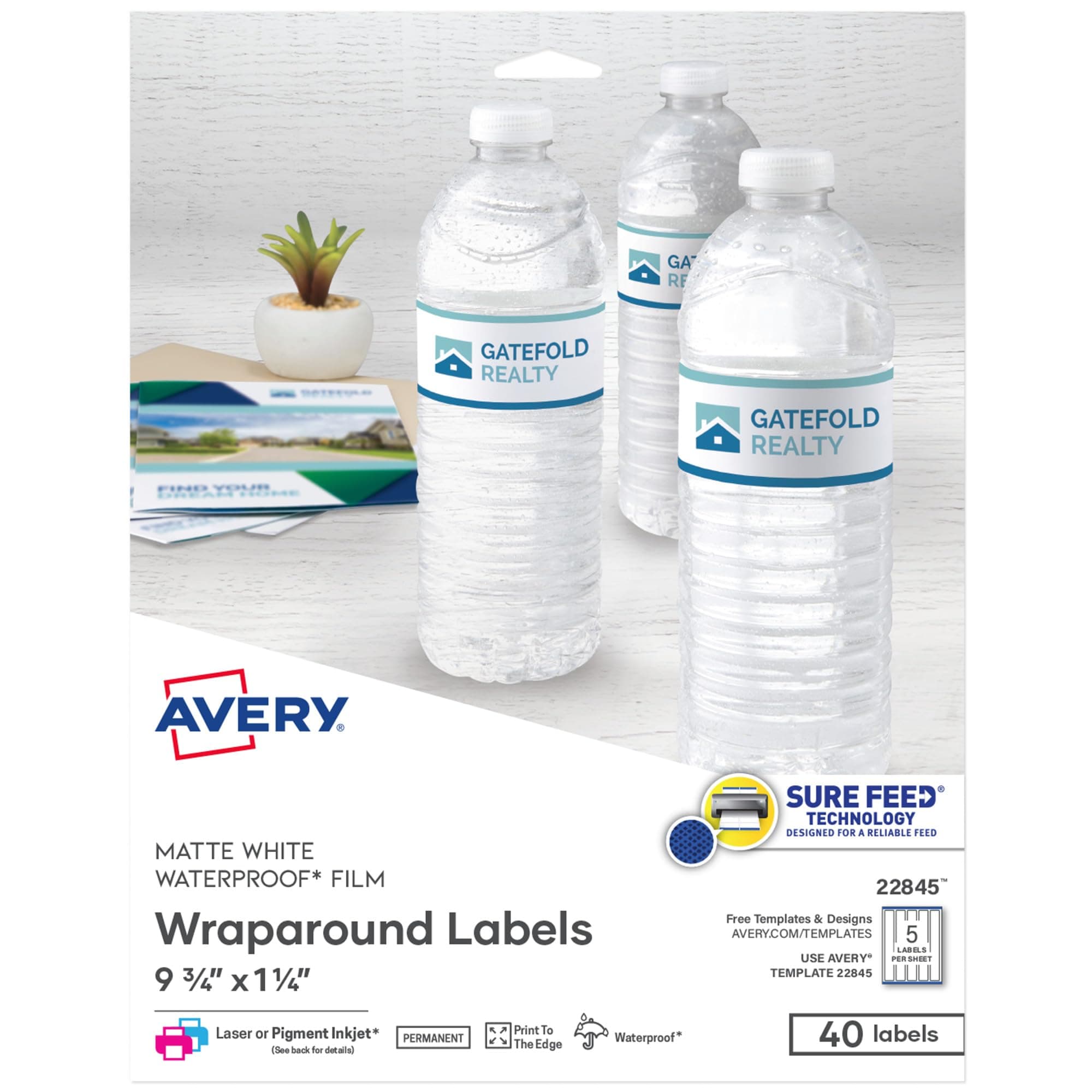 Avery Durable Waterproof Wraparound Rectangle Labels with Sure Feed Technology, 1-1/4" x 9-3/4", Matte White, 40 Customizable Labels for Laser and Pigment-Inkjet Printers (22845)