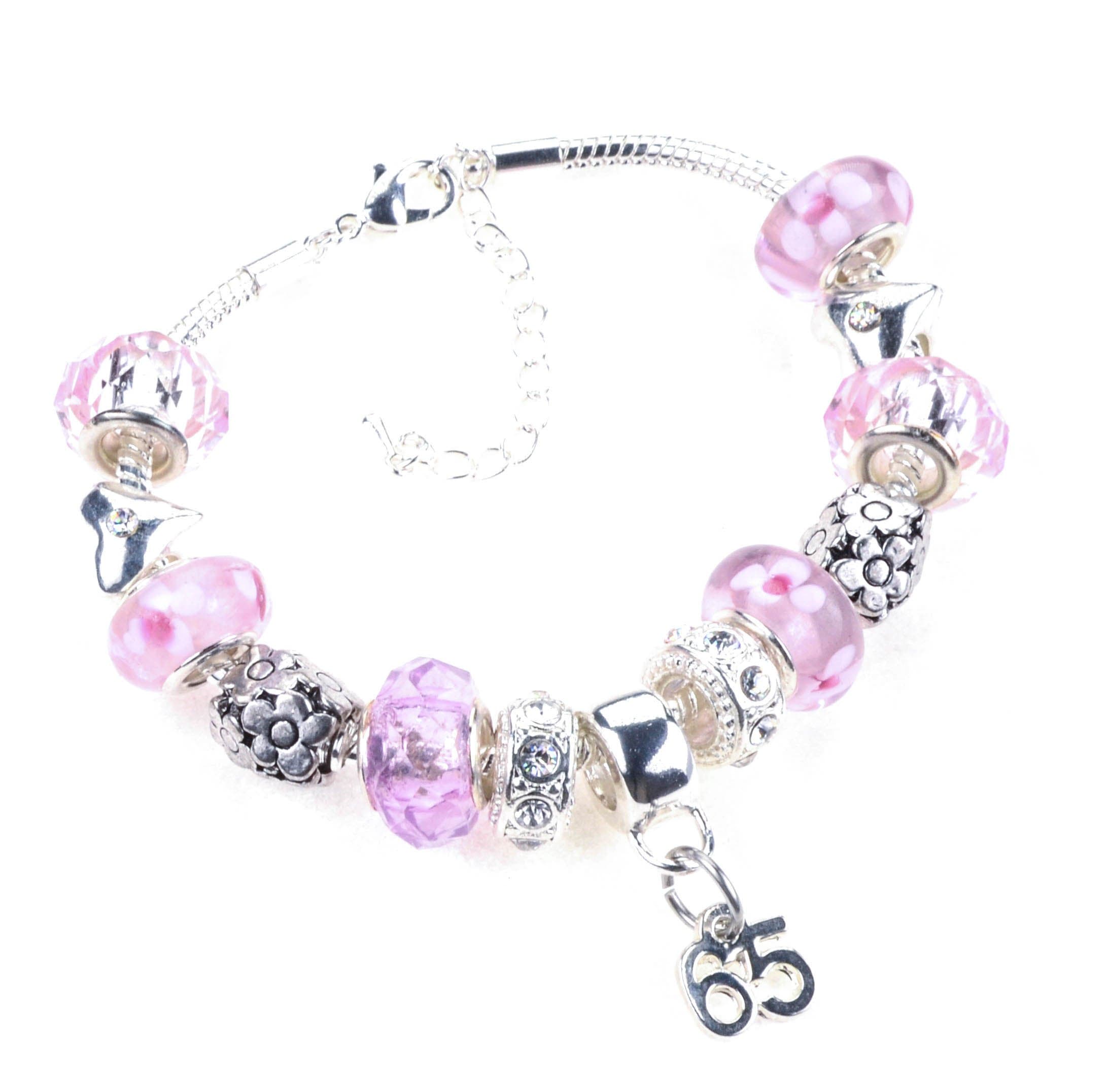 65th Birthday Pink Garland Themed Murano Charm Bracelet in a Luxury Jewellery Box with a 65th Birthday Card